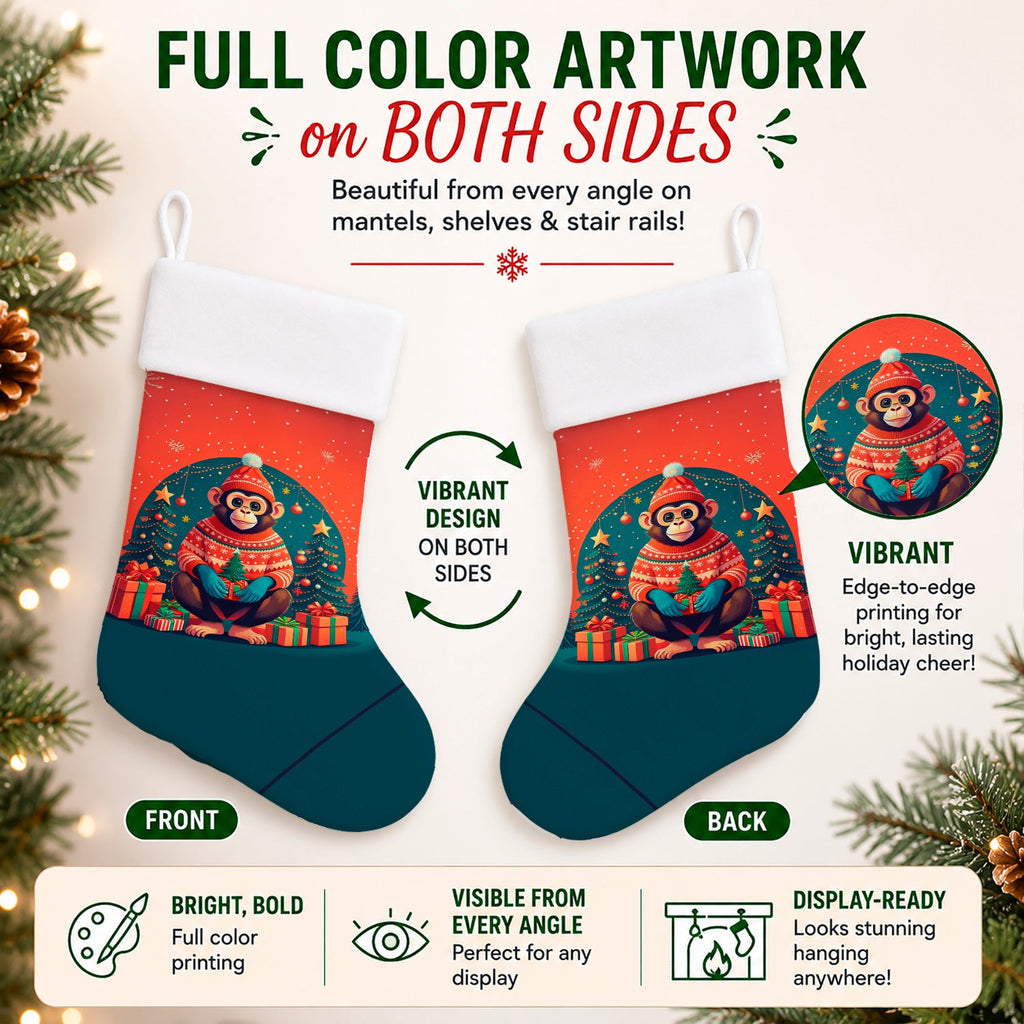 Monkey Christmas Holiday Stocking Double-Sided Print, Polyester Suede,11x18, Made in USA