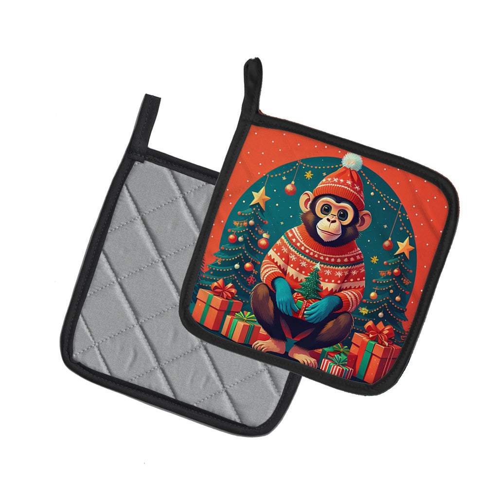 Monkey Christmas Pot Holder Set of 2 Heat Resistant Quilted Hot Pads 7.5 x 7.5 Inch, Insulated Kitchen Trivets for Cooking & Baking