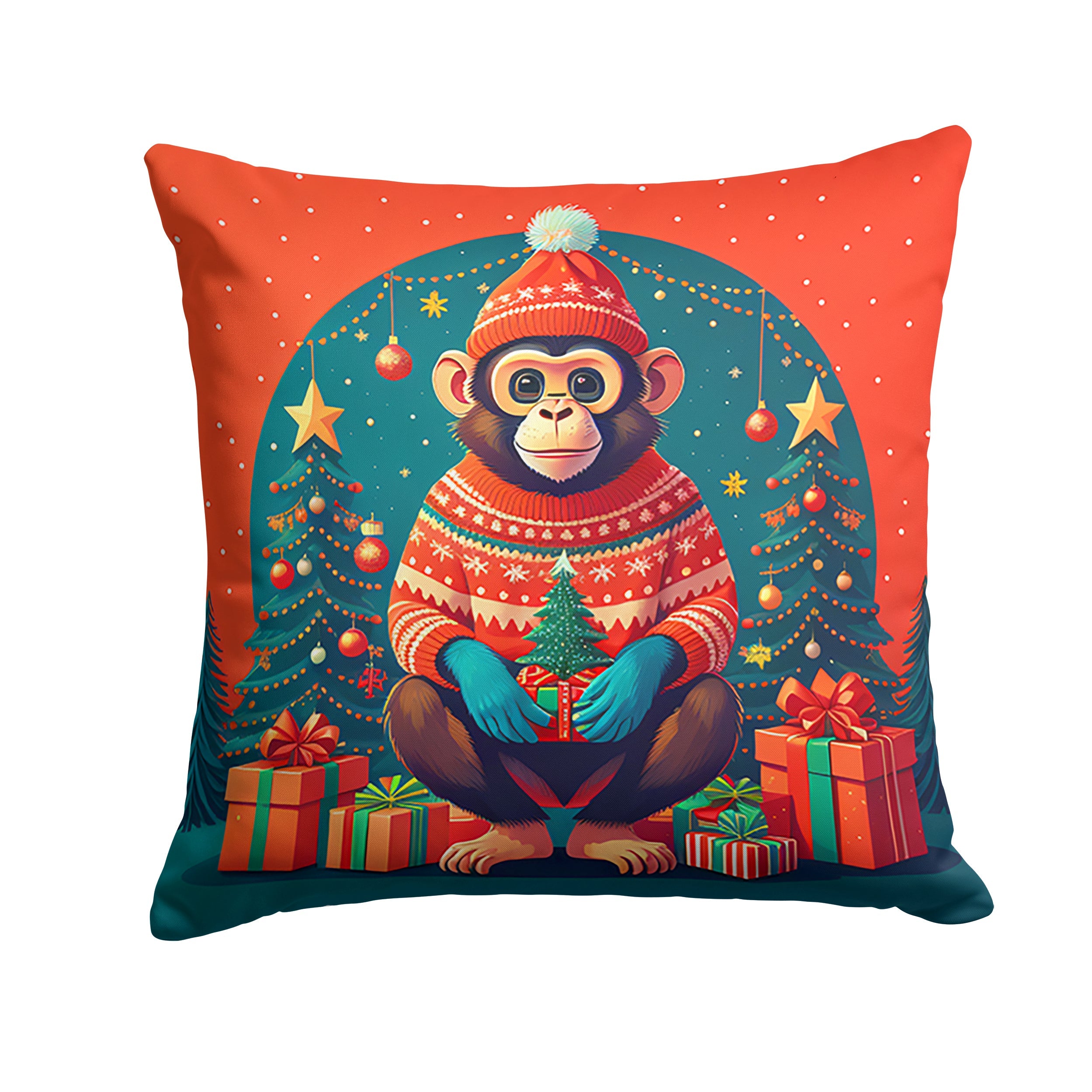 Monkey Christmas Decorative Throw Pillow 18x18 Indoor Outdoor Accent Cushion, Fabric Cover with Insert for Sofa, Bed, Porch & Living Room