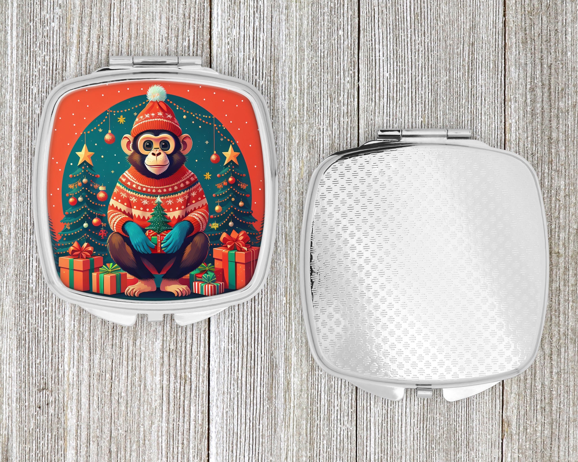 Monkey Christmas Compact Mirror Decorative Travel Makeup Mirror for Women Girls Gifts Pocket Makeup Mirror Folding Handheld