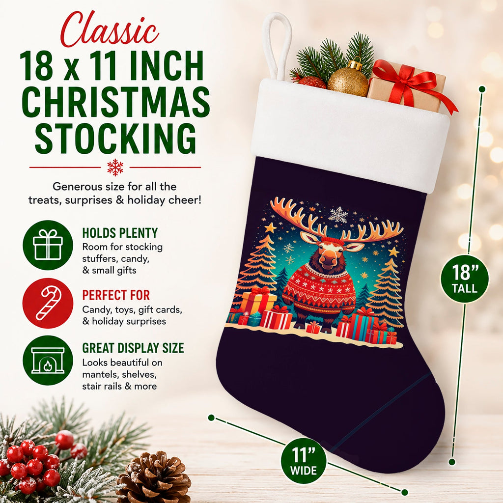 Moose Christmas Holiday Stocking Double-Sided Print, Polyester Suede,11x18, Made in USA