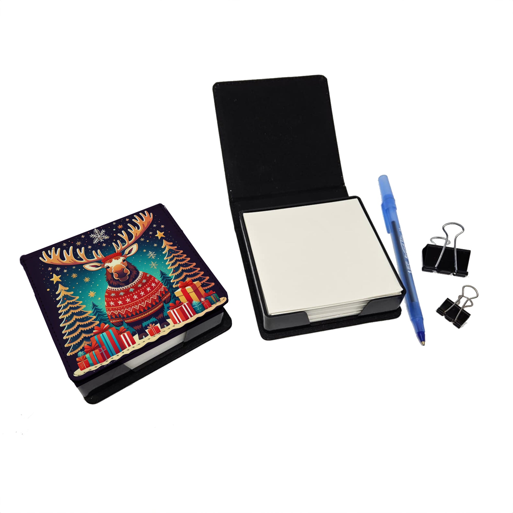 Moose Christmas PU Leather Note Paper Holder with Artist-Designed Cover, Desk Accessory, Office Gift