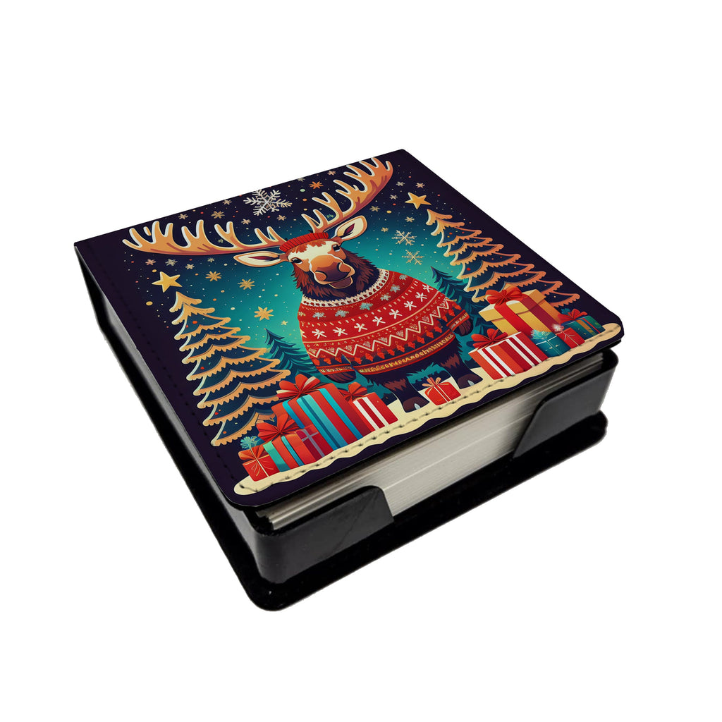Moose Christmas PU Leather Note Paper Holder with Artist-Designed Cover, Desk Accessory, Office Gift