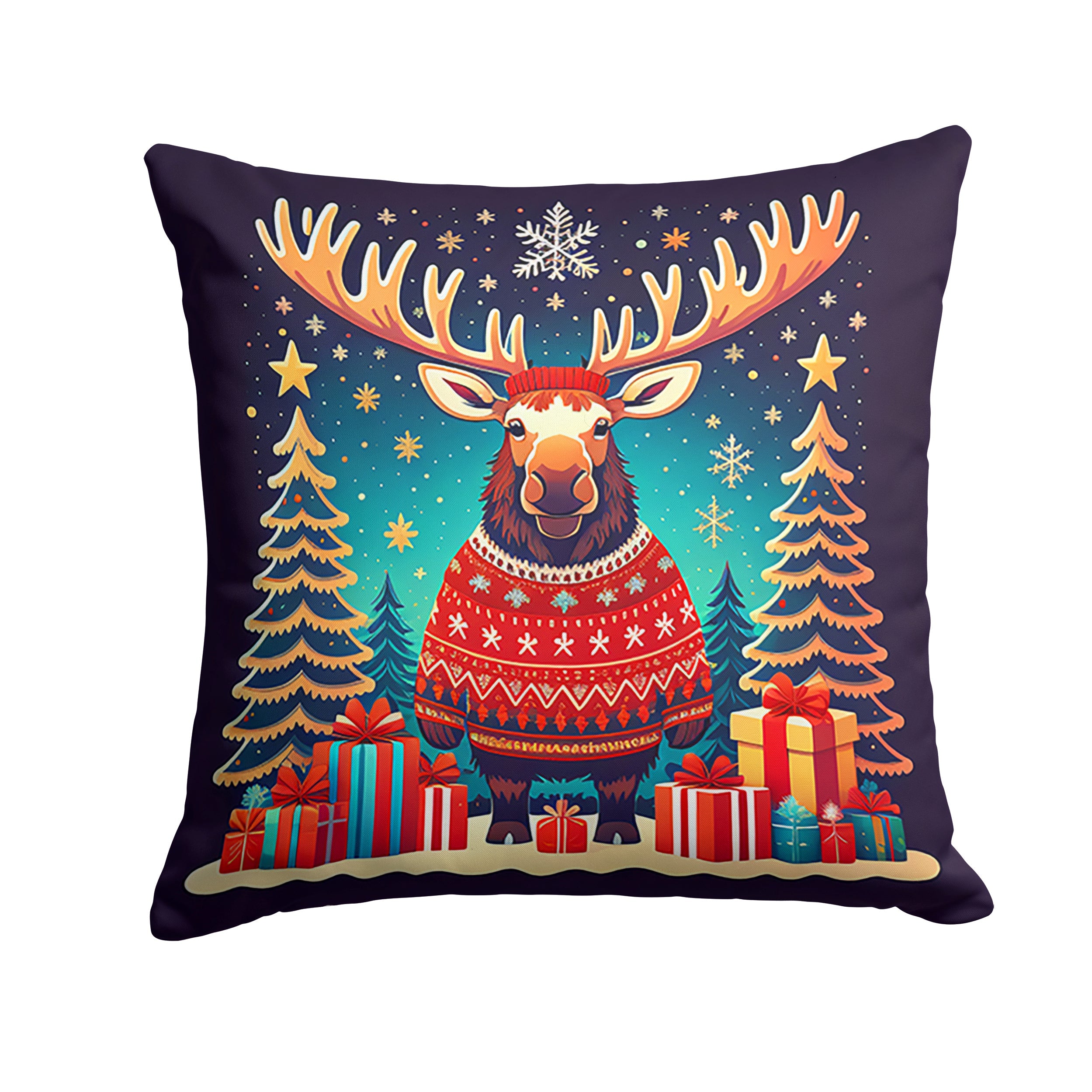 Moose Christmas Decorative Throw Pillow 14x14 Indoor Outdoor Accent Cushion, Fabric Cover with Insert for Sofa, Bed, Porch & Living Room