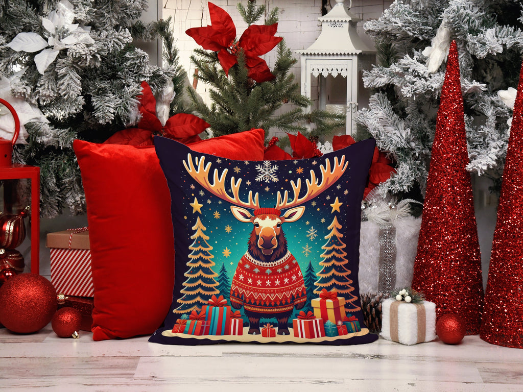 Moose Christmas Decorative Throw Pillow 14x14 Indoor Outdoor Accent Cushion, Fabric Cover with Insert for Sofa, Bed, Porch & Living Room