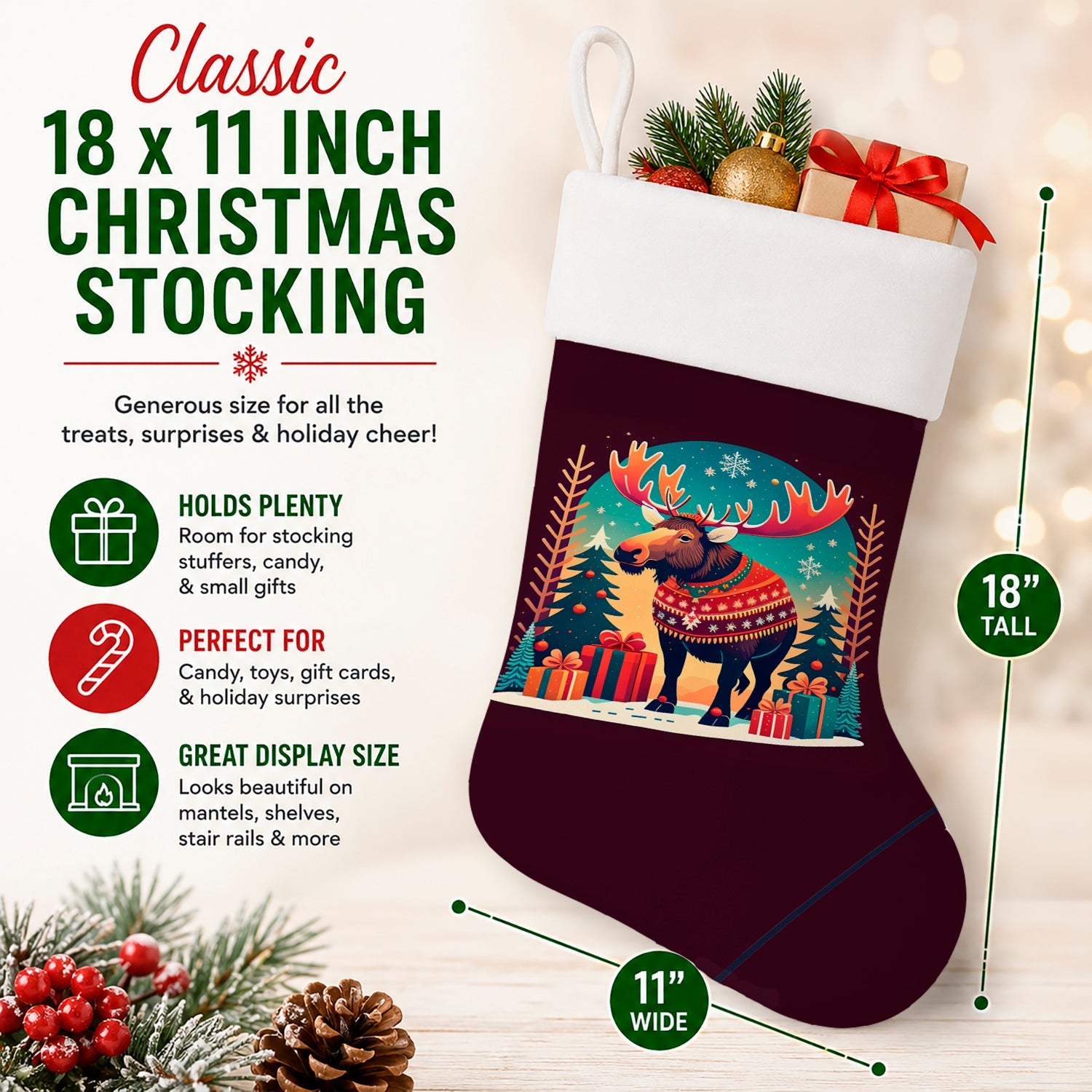 Moose Christmas Holiday Stocking Double-Sided Print, Polyester Suede,11x18, Made in USA