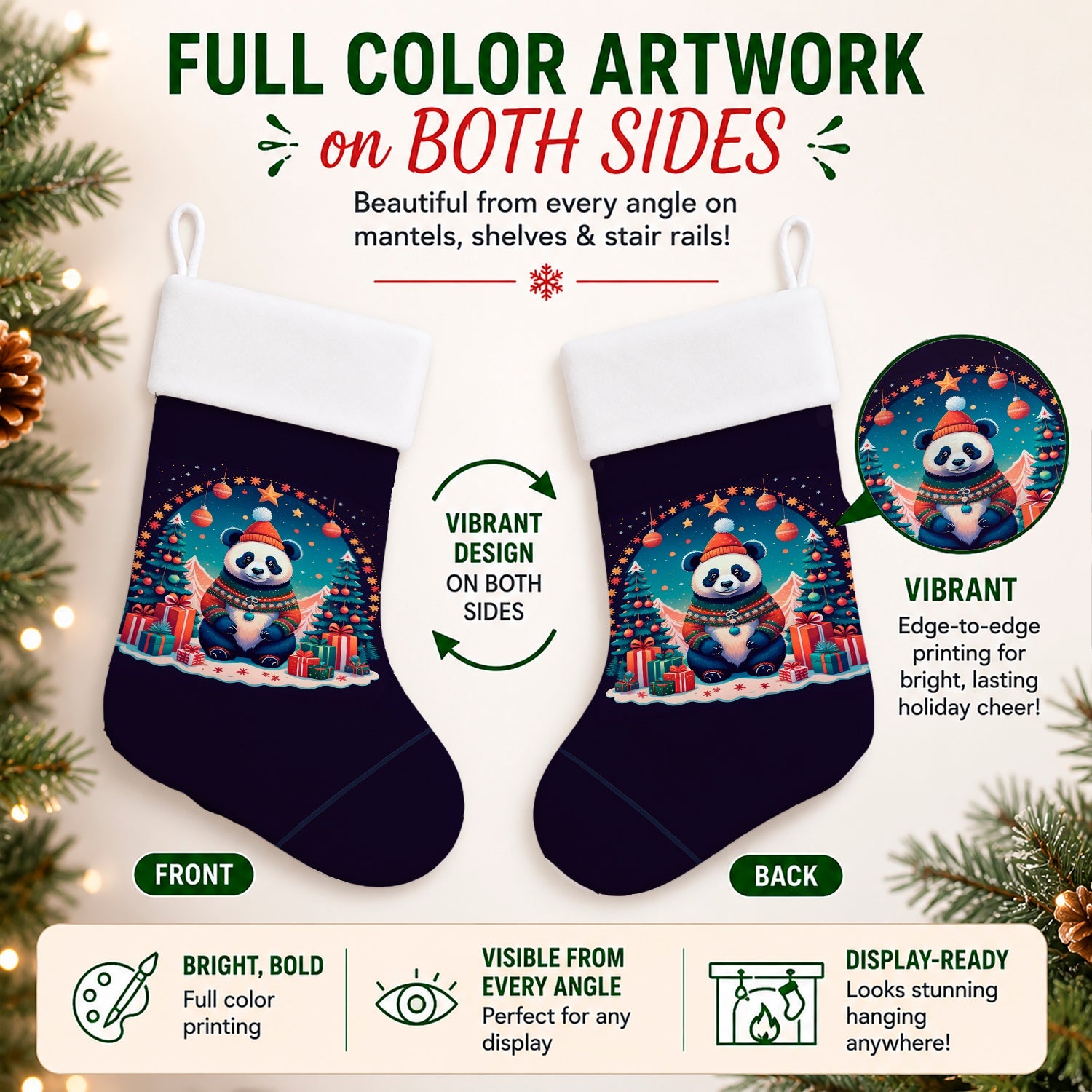 Panda Christmas Holiday Stocking Double-Sided Print, Polyester Suede,11x18, Made in USA