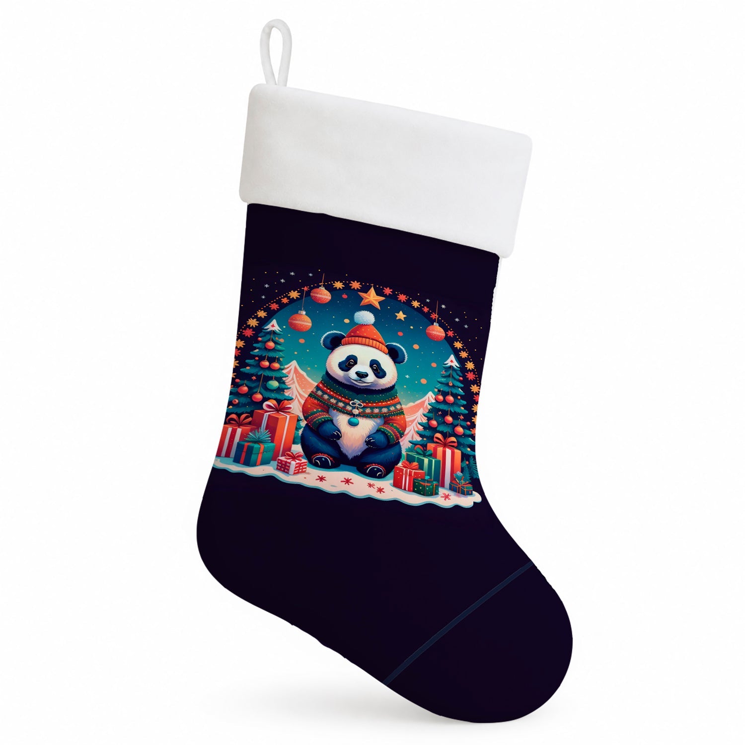 Panda Christmas Holiday Stocking Double-Sided Print, Polyester Suede,11x18, Made in USA