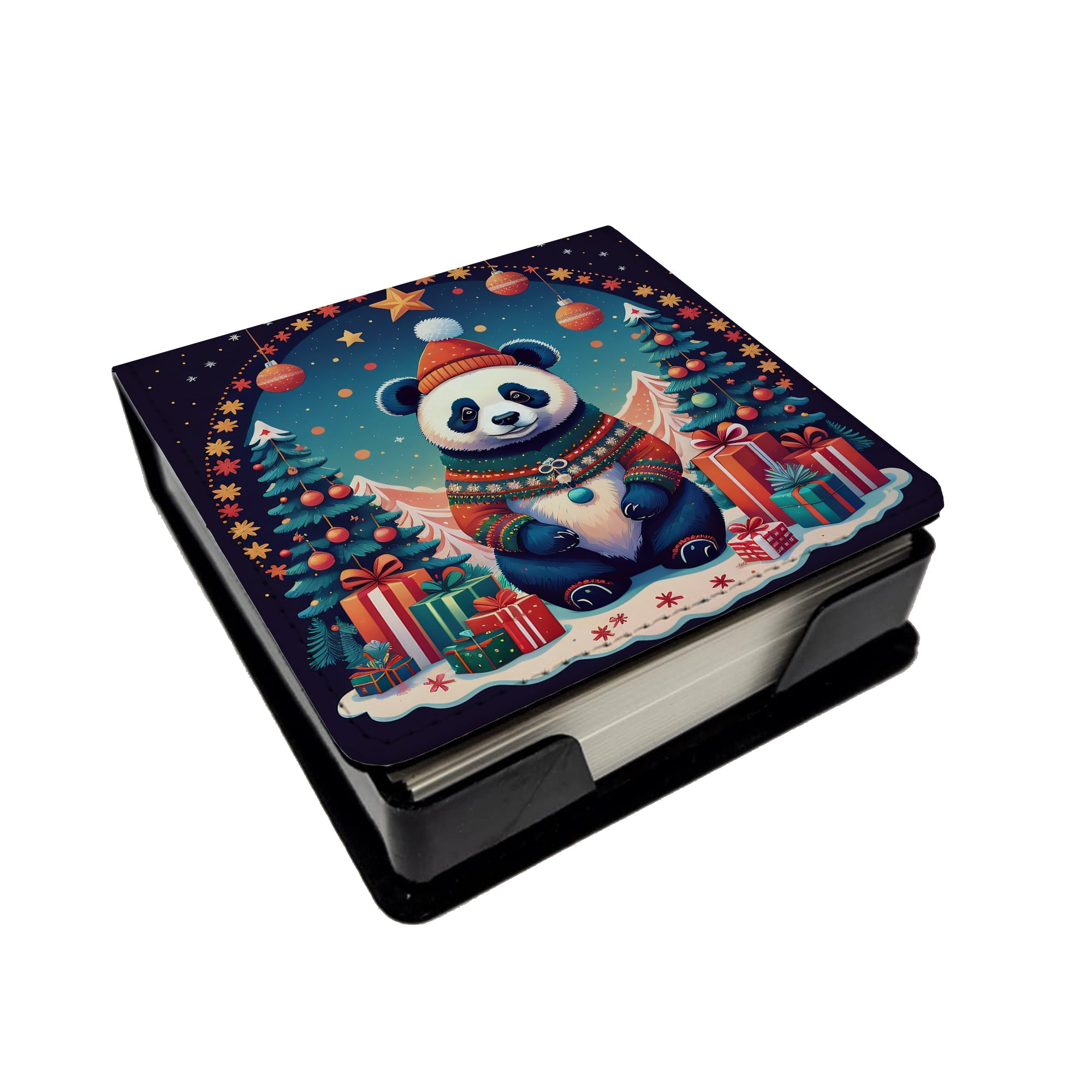 Panda Christmas PU Leather Note Paper Holder with Artist-Designed Cover, Desk Accessory, Office Gift
