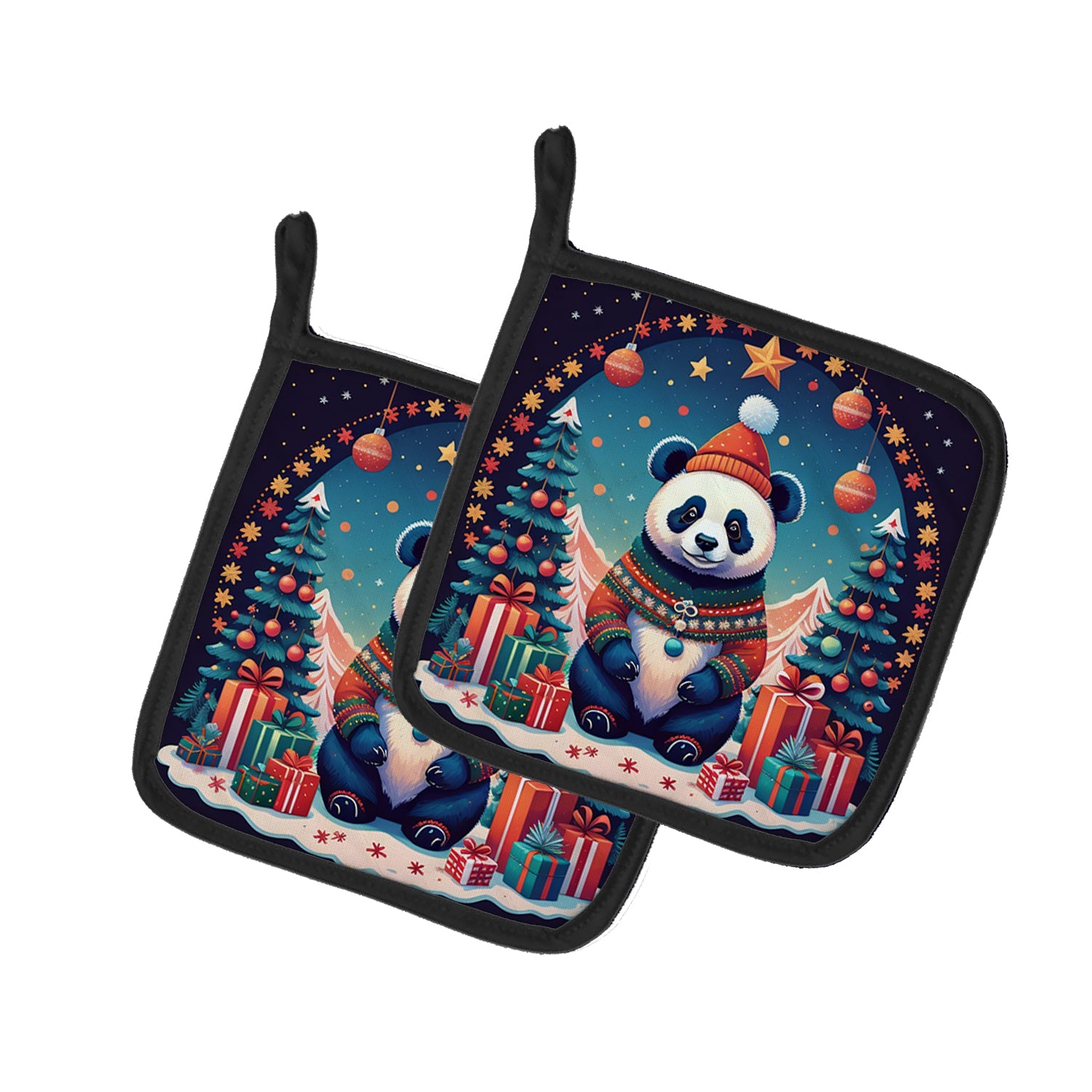 Panda Christmas Pot Holder Set of 2 Heat Resistant Quilted Hot Pads 7.5 x 7.5 Inch, Insulated Kitchen Trivets for Cooking & Baking