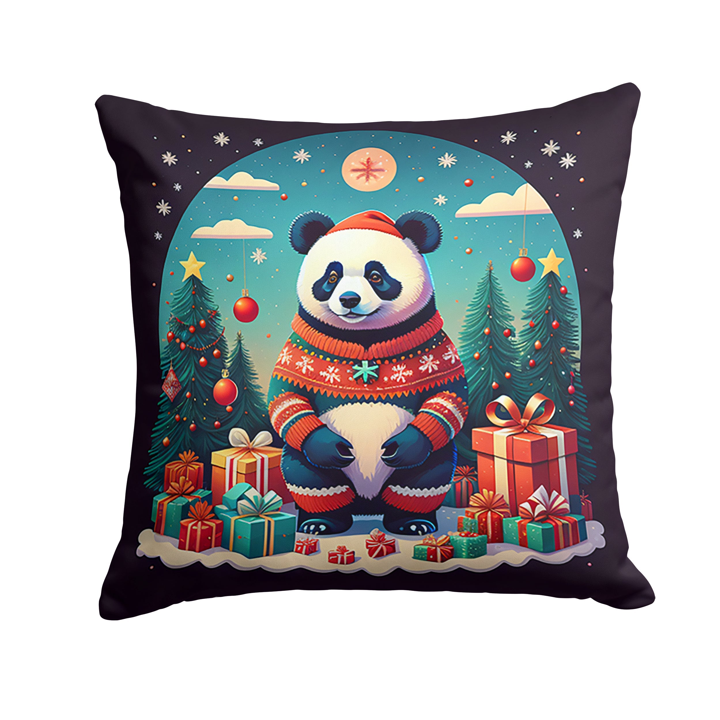 Panda Christmas Decorative Throw Pillow 14x14 Indoor Outdoor Accent Cushion, Fabric Cover with Insert for Sofa, Bed, Porch & Living Room