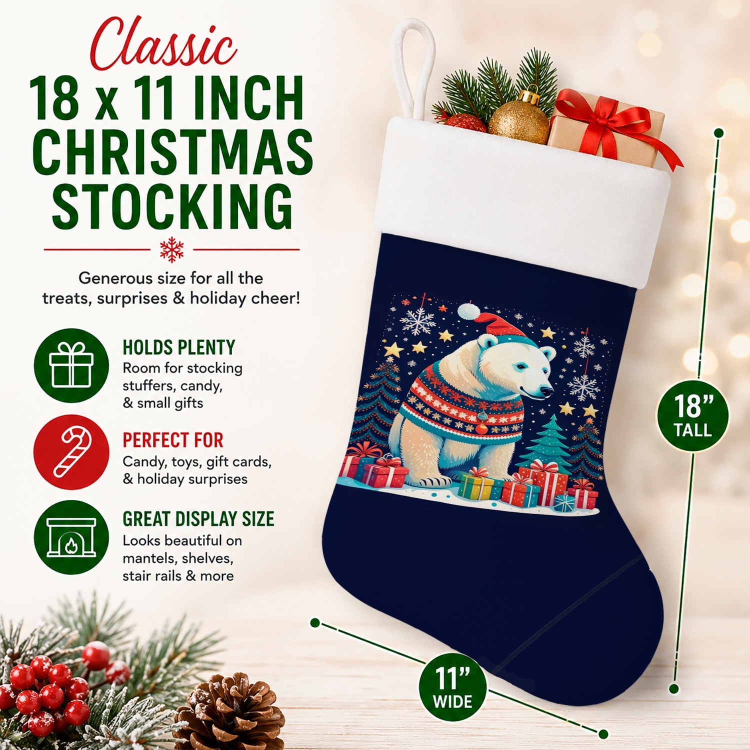 Polar Bear Christmas Holiday Stocking Double-Sided Print, Polyester Suede,11x18, Made in USA