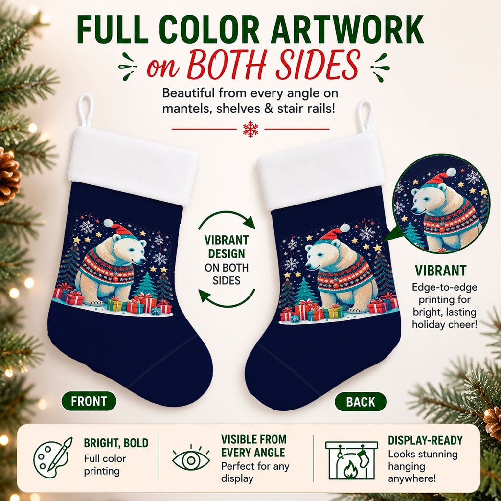 Polar Bear Christmas Holiday Stocking Double-Sided Print, Polyester Suede,11x18, Made in USA
