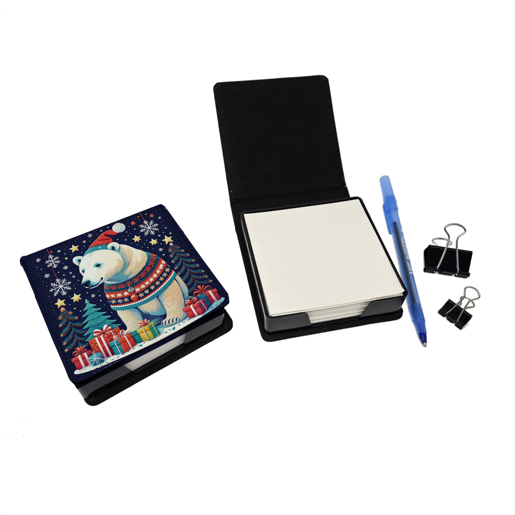 Polar Bear Christmas PU Leather Note Paper Holder with Artist-Designed Cover, Desk Accessory, Office Gift