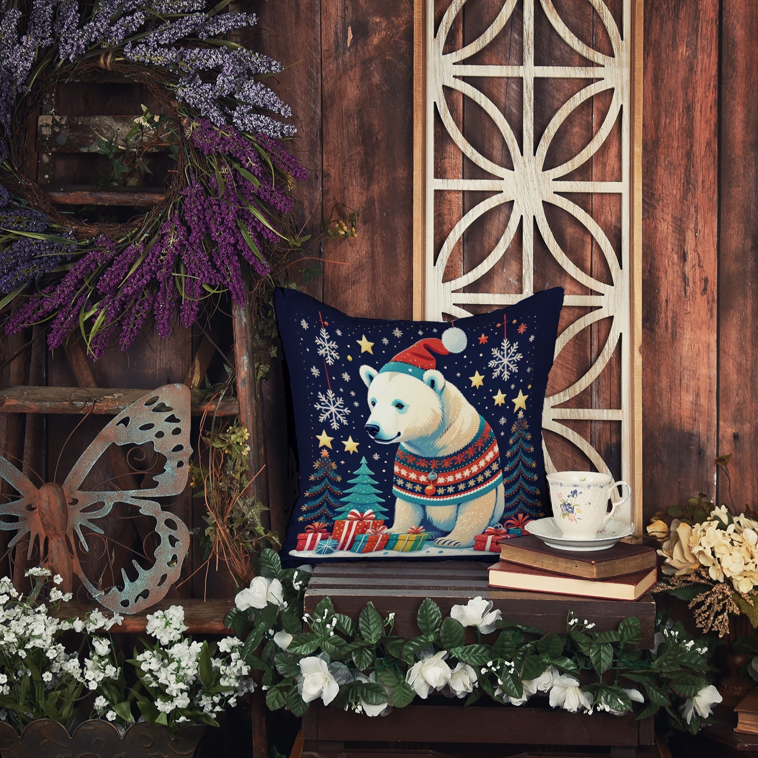 Polar Bear Christmas Decorative Throw Pillow 18x18 Indoor Outdoor Accent Cushion, Fabric Cover with Insert for Sofa, Bed, Porch & Living Room