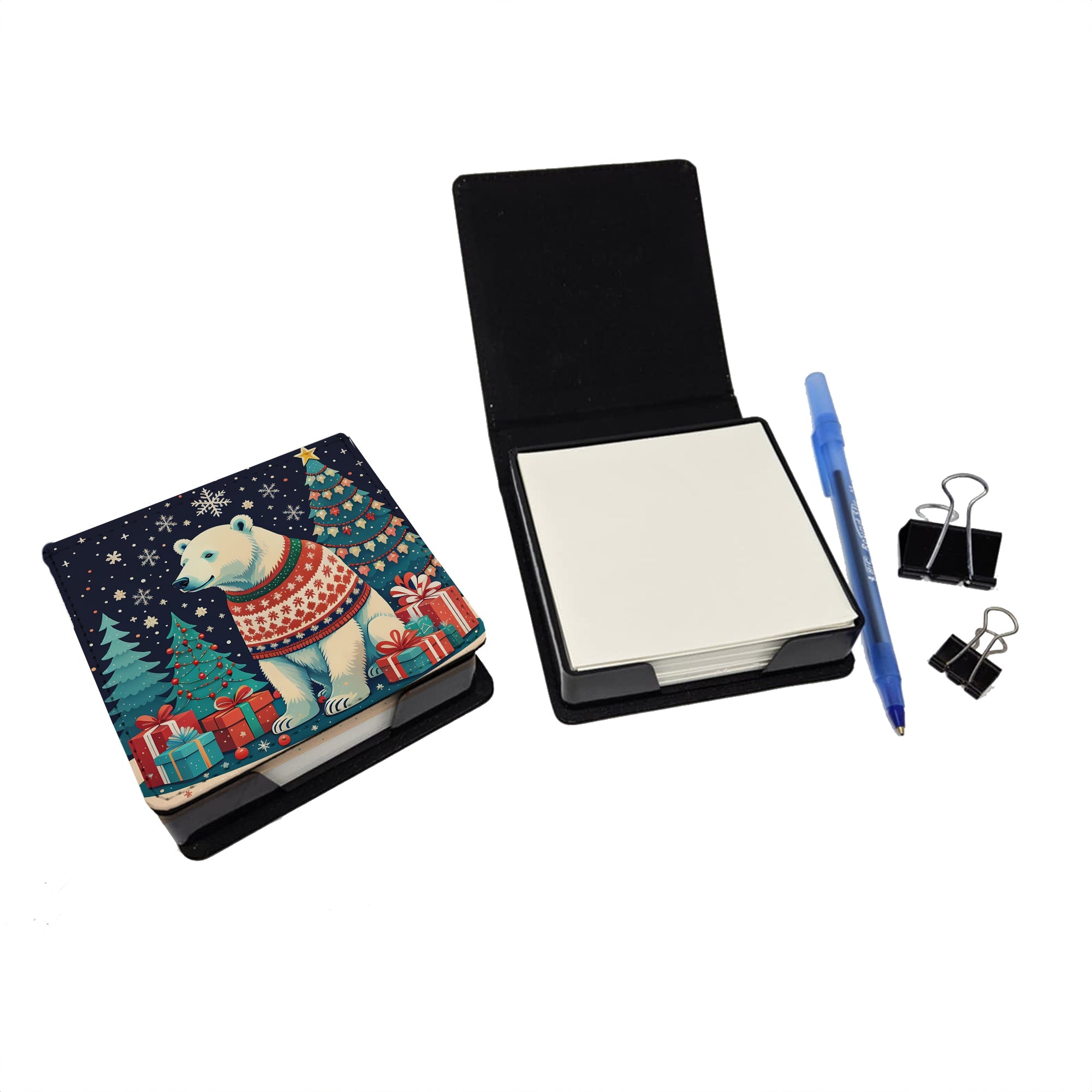 Polar Bear Christmas PU Leather Note Paper Holder with Artist-Designed Cover, Desk Accessory, Office Gift
