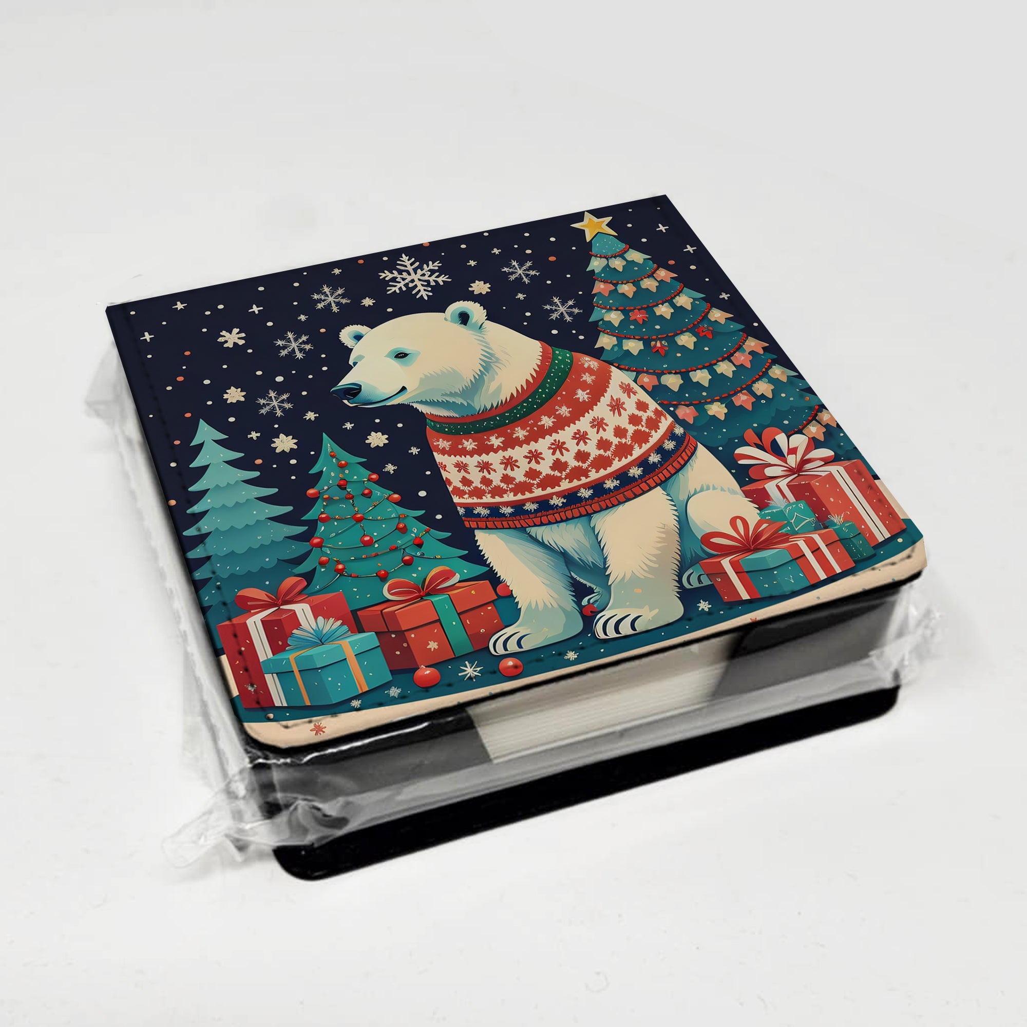 Polar Bear Christmas PU Leather Note Paper Holder with Artist-Designed Cover, Desk Accessory, Office Gift