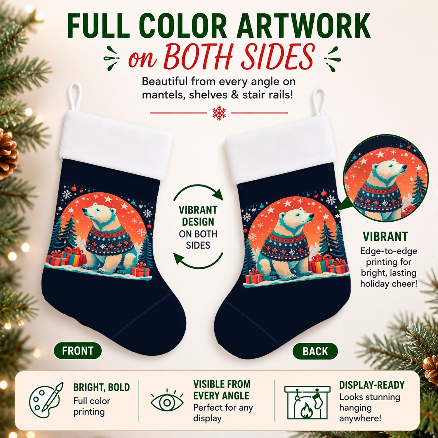 Polar Bear Christmas Holiday Stocking Double-Sided Print, Polyester Suede,11x18, Made in USA