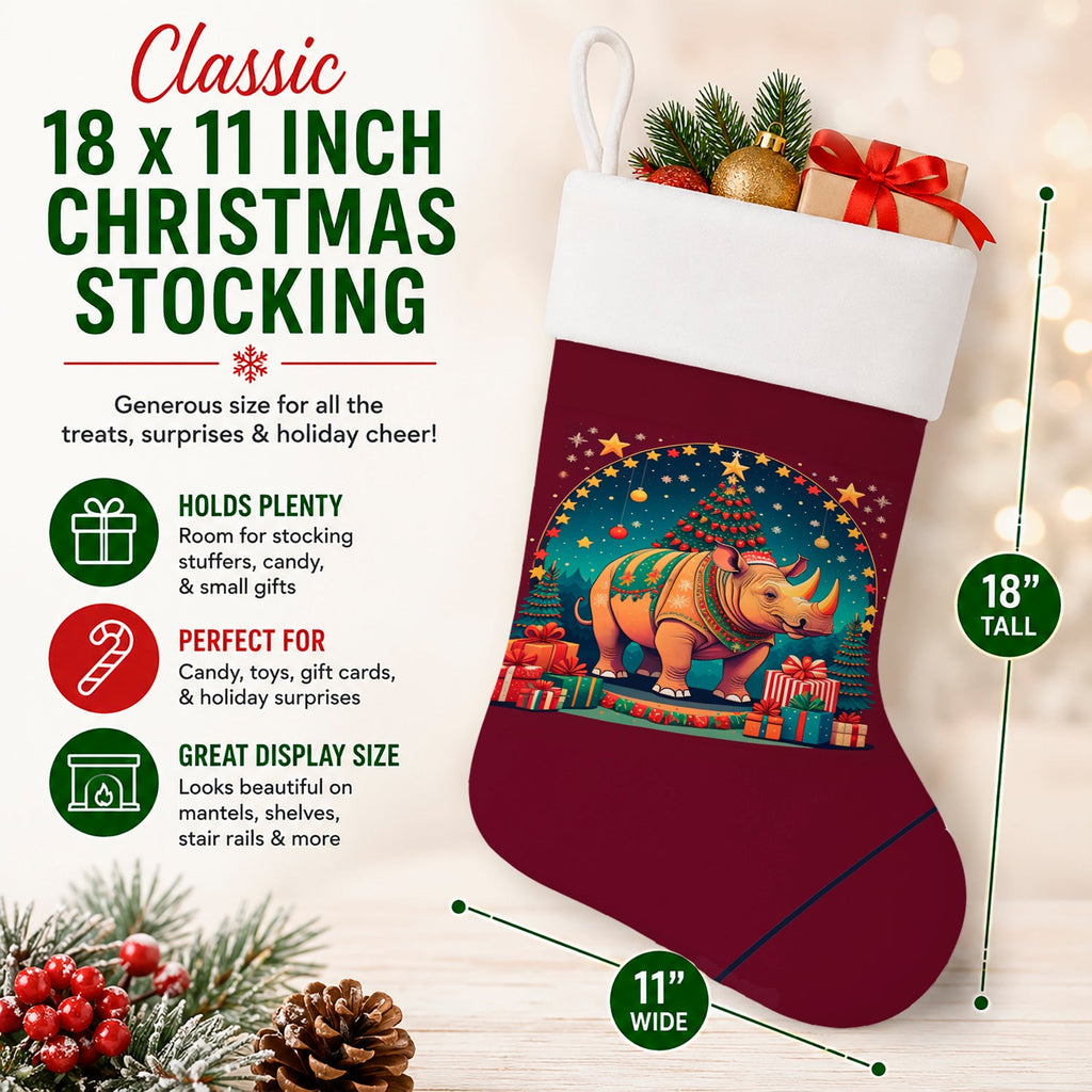 Rhinoceros Christmas Holiday Stocking Double-Sided Print, Polyester Suede,11x18, Made in USA