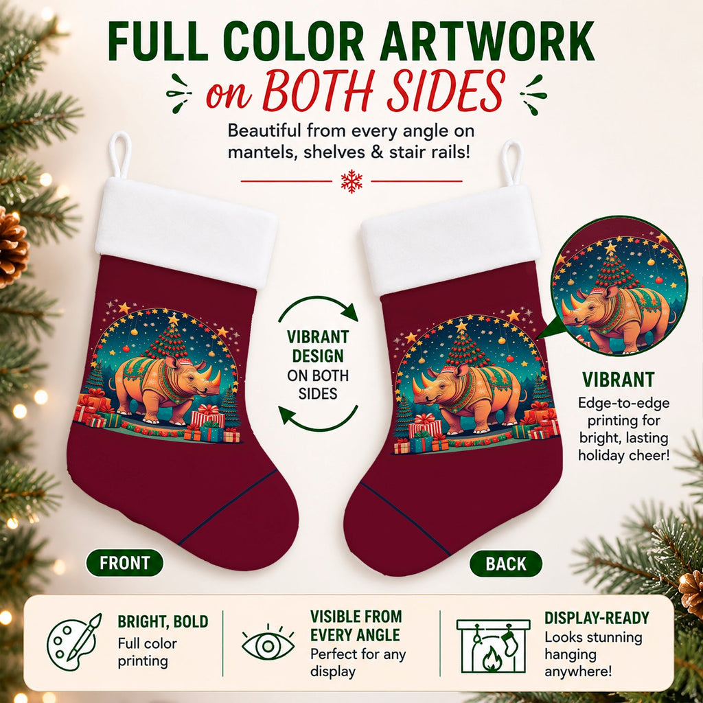 Rhinoceros Christmas Holiday Stocking Double-Sided Print, Polyester Suede,11x18, Made in USA