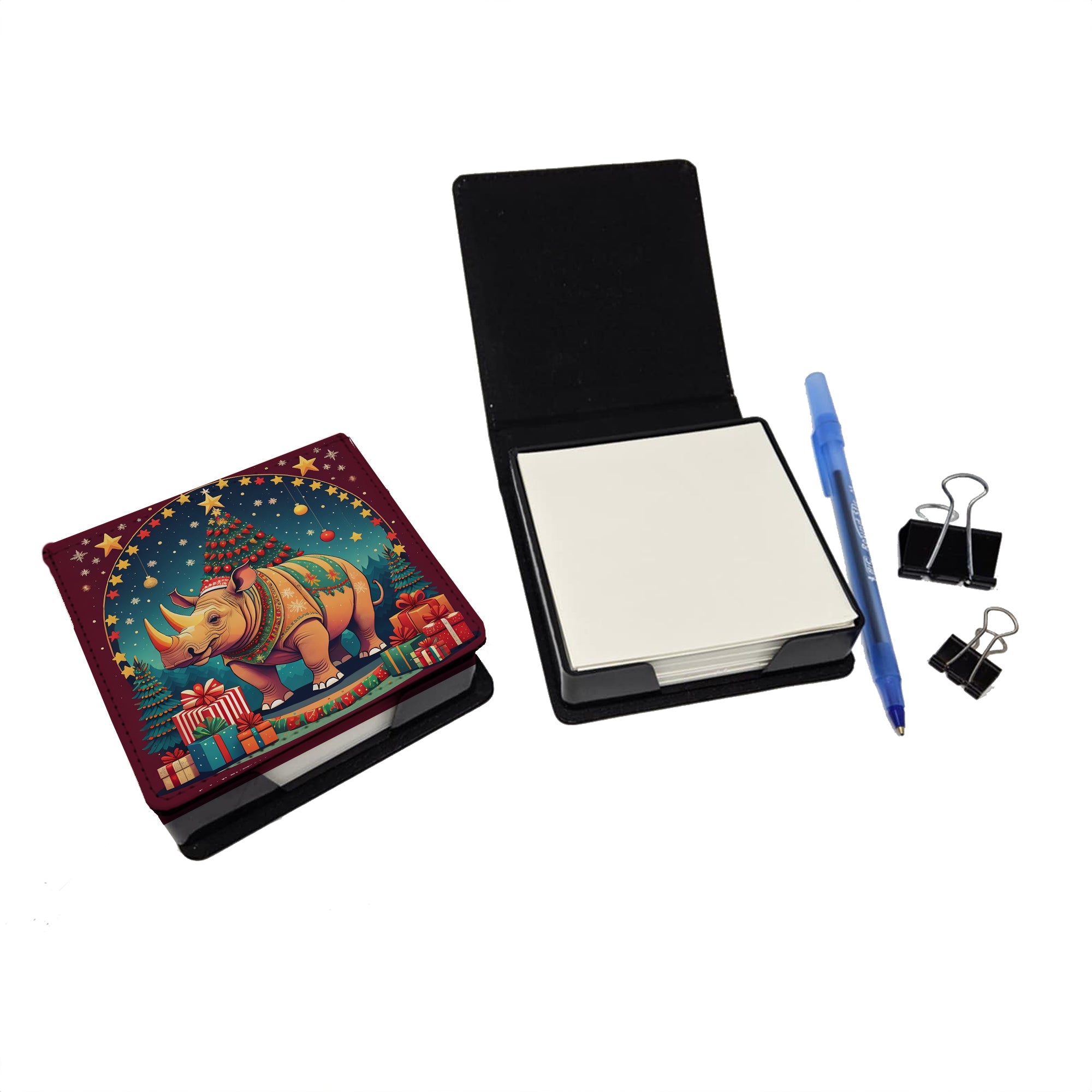 Rhinoceros Christmas PU Leather Note Paper Holder with Artist-Designed Cover, Desk Accessory, Office Gift