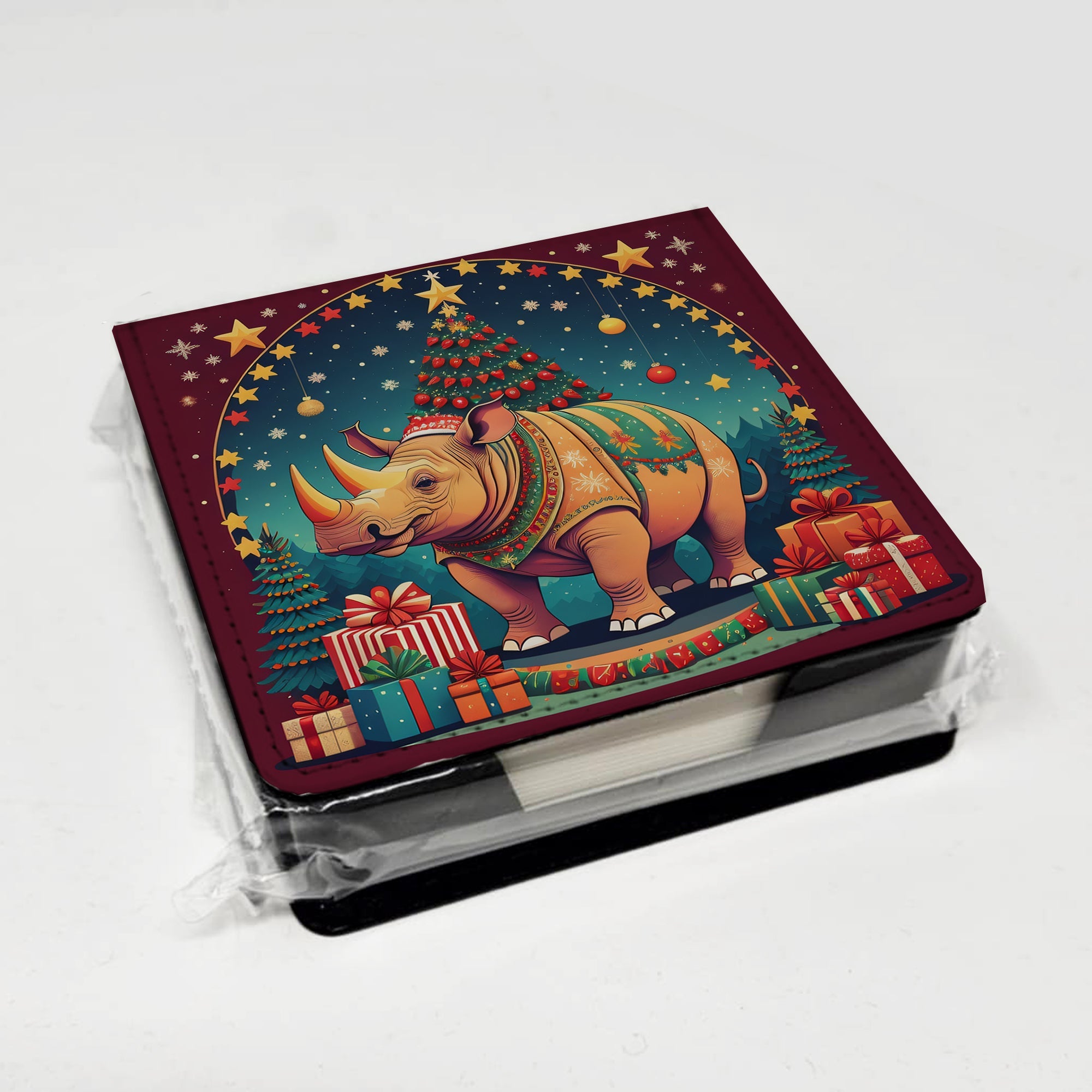 Rhinoceros Christmas PU Leather Note Paper Holder with Artist-Designed Cover, Desk Accessory, Office Gift