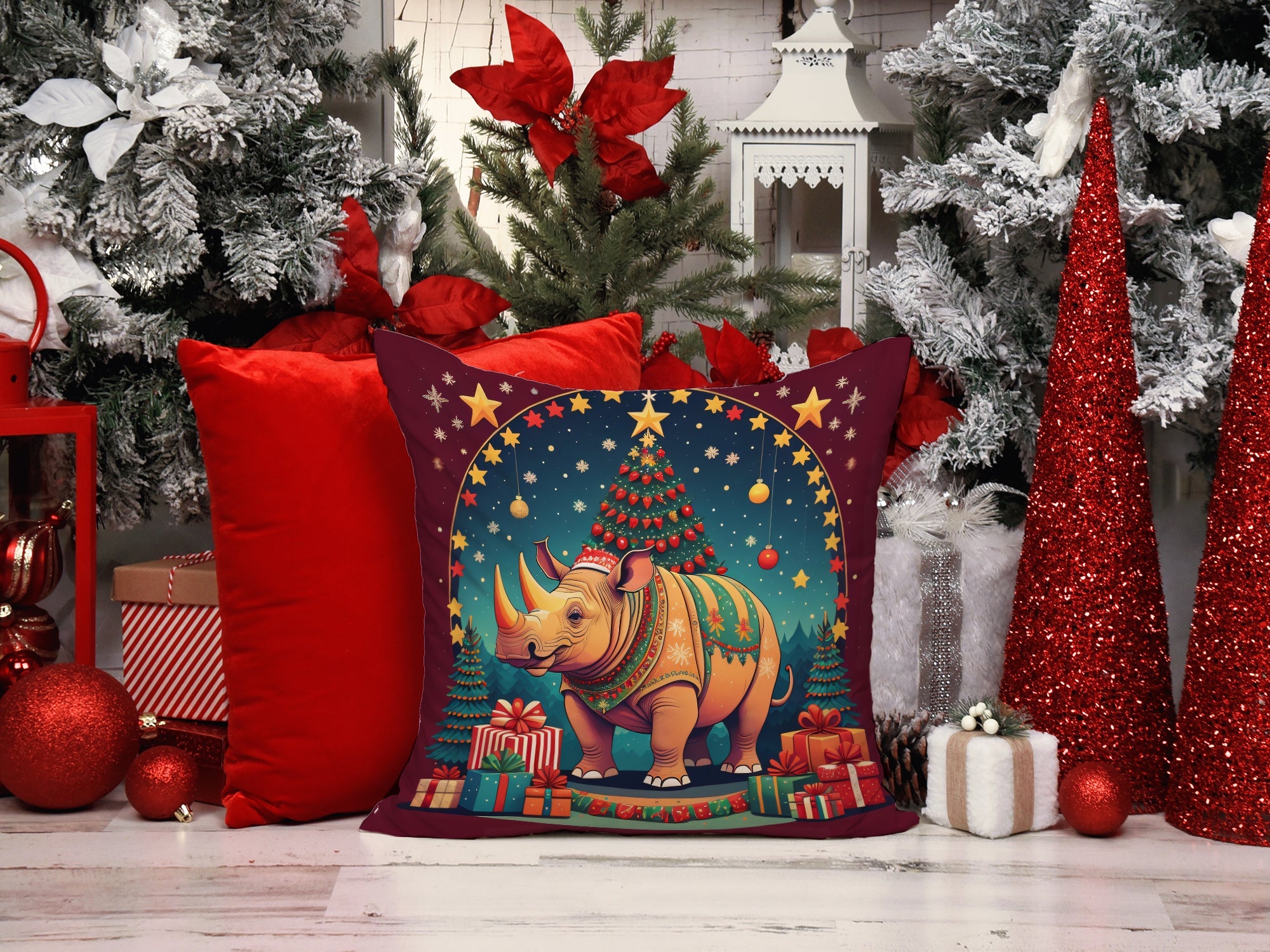 Rhinoceros Christmas Decorative Throw Pillow 14x14 Indoor Outdoor Accent Cushion, Fabric Cover with Insert for Sofa, Bed, Porch & Living Room