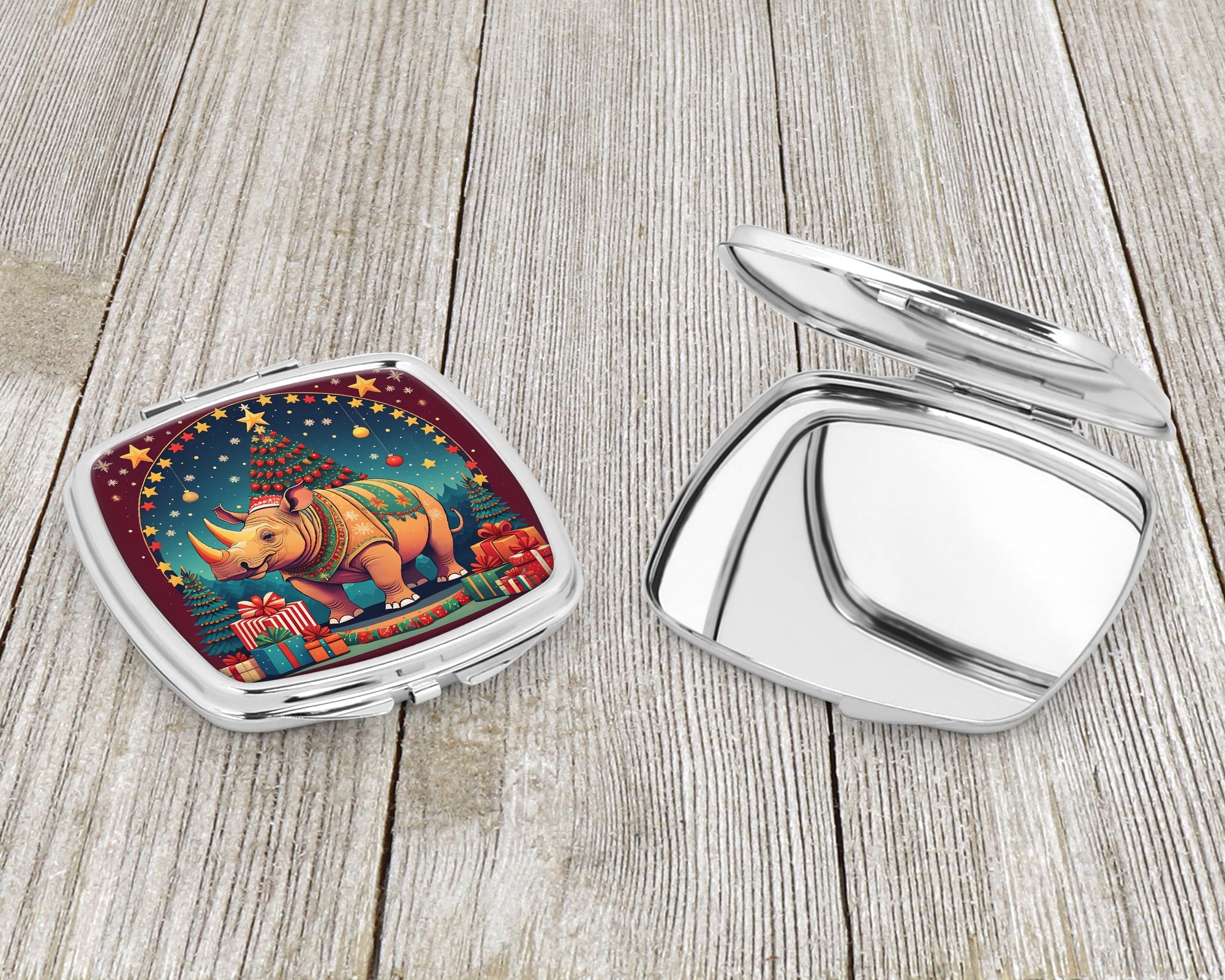 Rhinoceros Christmas Compact Mirror Decorative Travel Makeup Mirror for Women Girls Gifts Pocket Makeup Mirror Folding Handheld