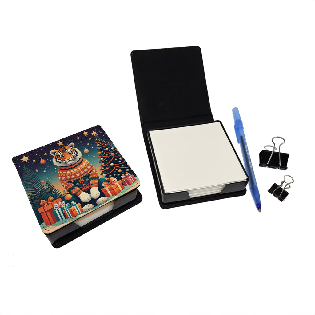 Tiger Christmas PU Leather Note Paper Holder with Artist-Designed Cover, Desk Accessory, Office Gift