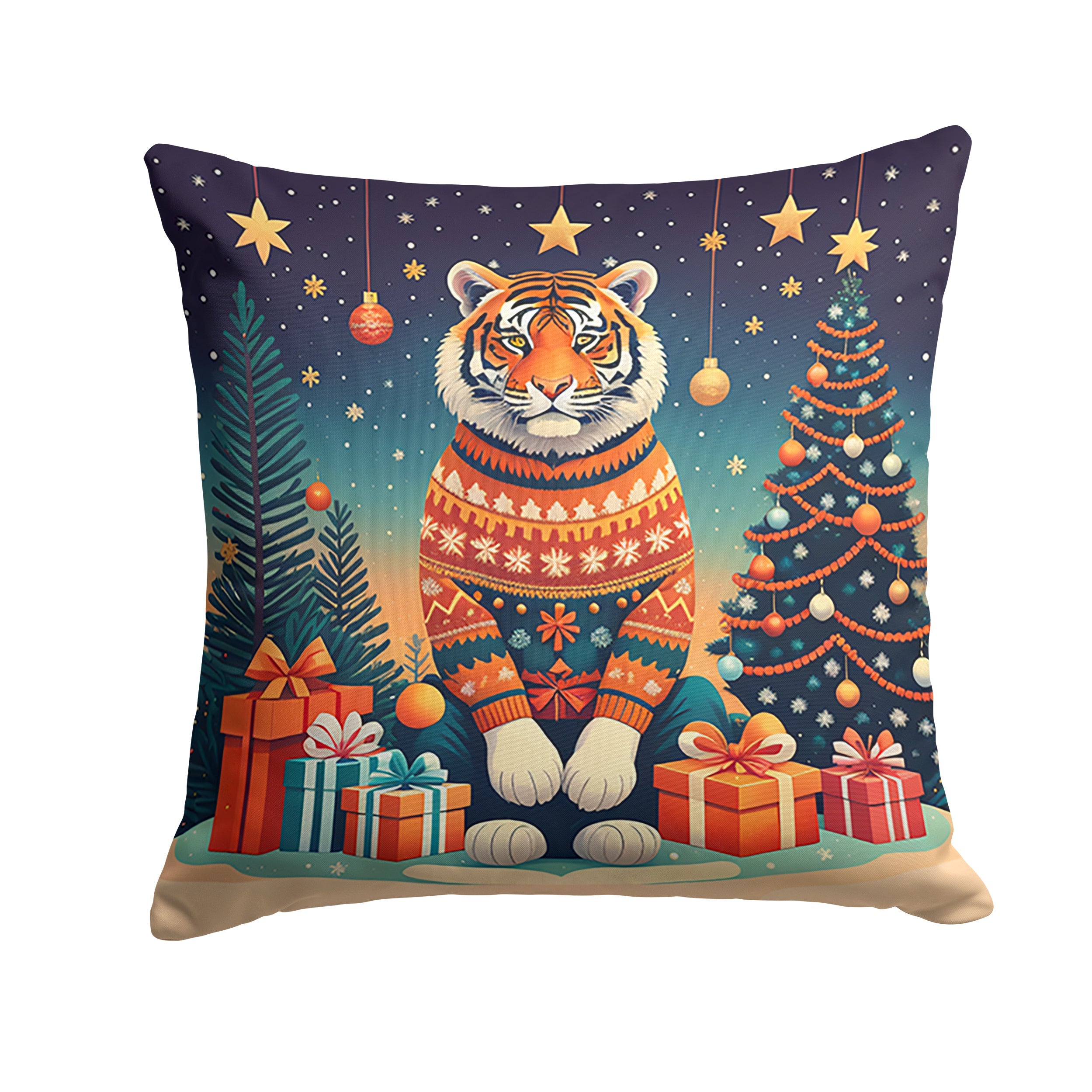 Tiger Christmas Decorative Throw Pillow 18x18 Indoor Outdoor Accent Cushion, Fabric Cover with Insert for Sofa, Bed, Porch & Living Room