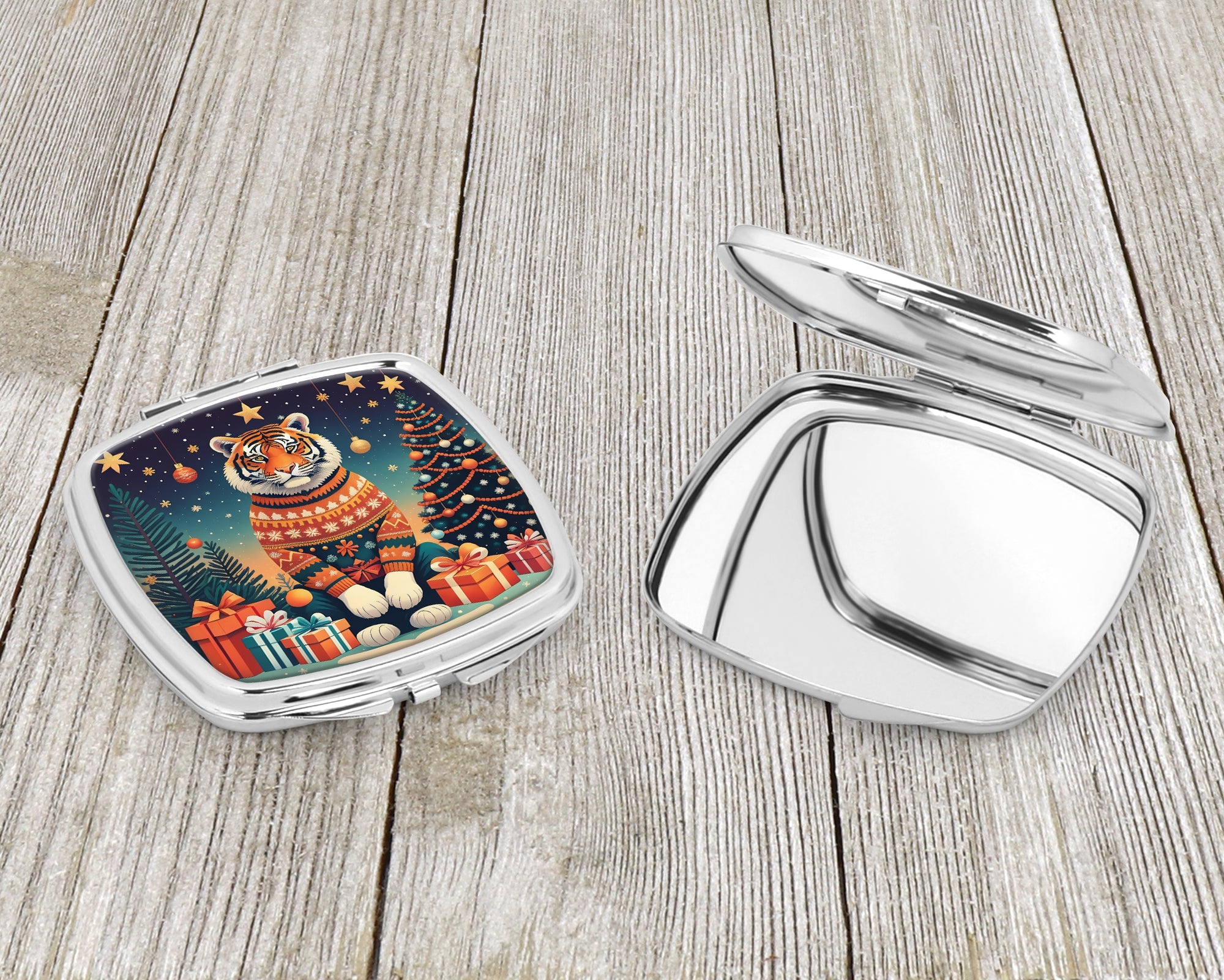 Tiger Christmas Compact Mirror Decorative Travel Makeup Mirror for Women Girls Gifts Pocket Makeup Mirror Folding Handheld