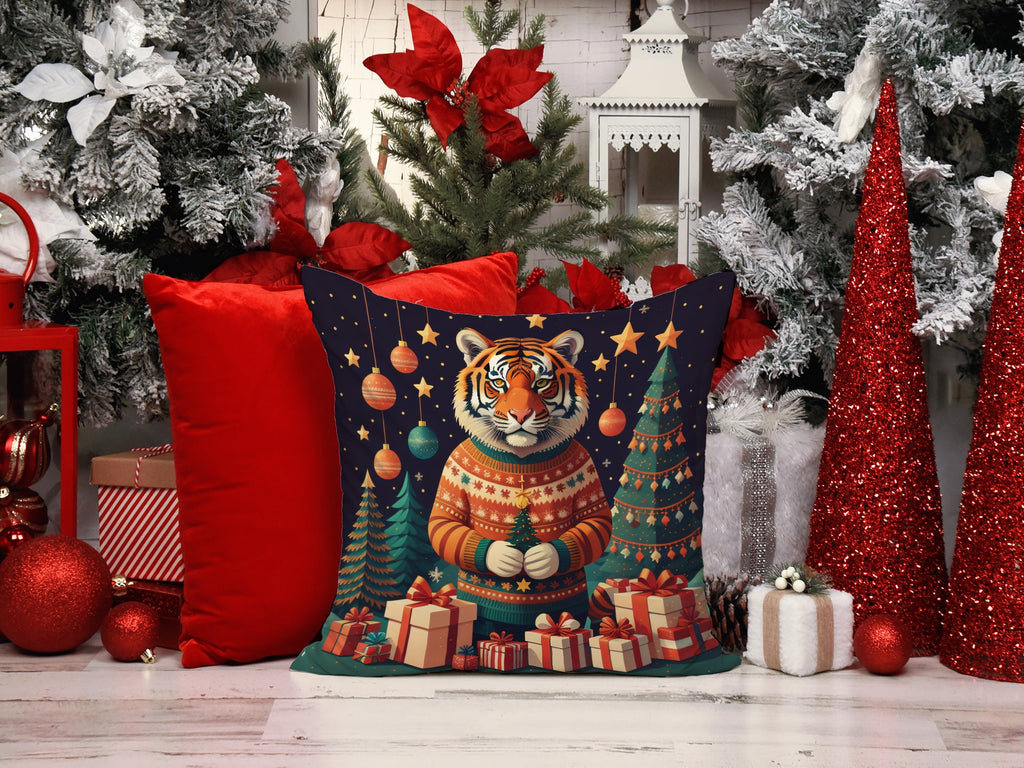 Tiger Christmas Decorative Throw Pillow 14x14 Indoor Outdoor Accent Cushion, Fabric Cover with Insert for Sofa, Bed, Porch & Living Room