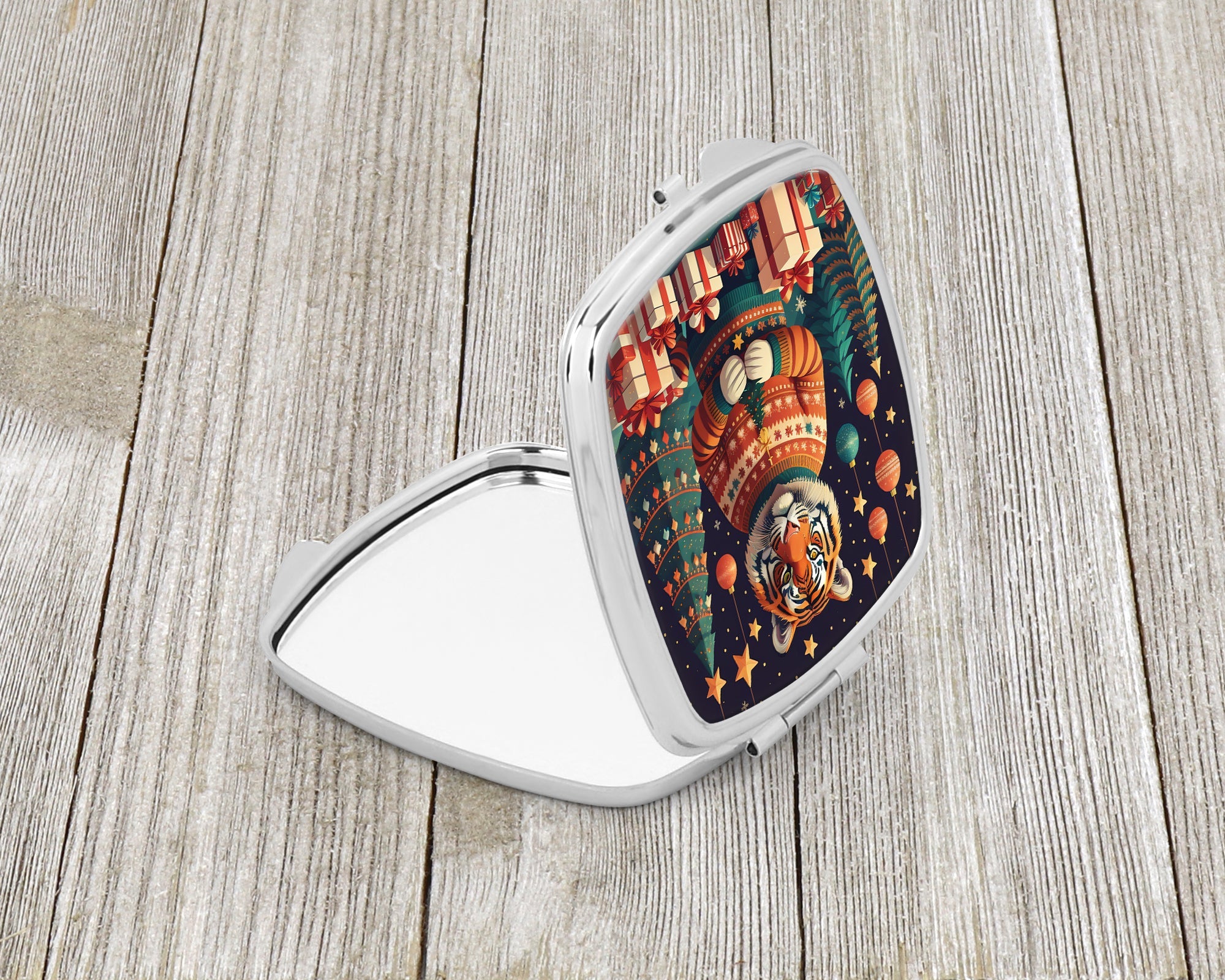 Tiger Christmas Compact Mirror Decorative Travel Makeup Mirror for Women Girls Gifts Pocket Makeup Mirror Folding Handheld