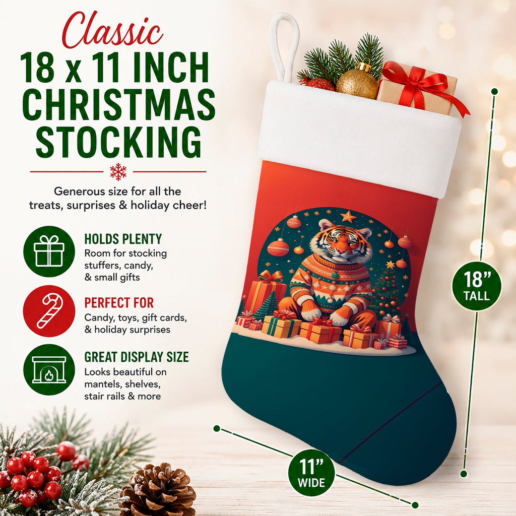 Tiger Christmas Holiday Stocking Double-Sided Print, Polyester Suede,11x18, Made in USA