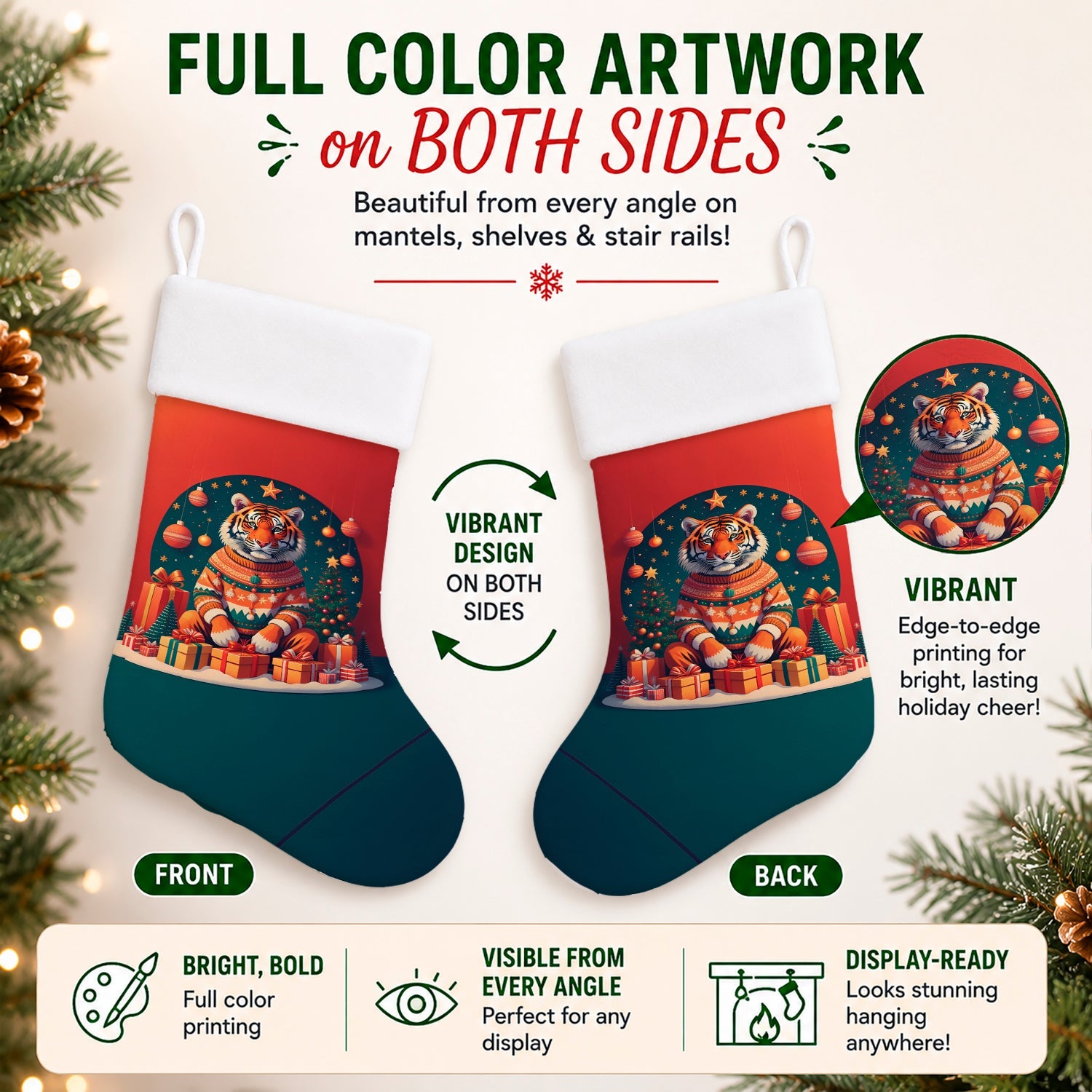 Tiger Christmas Holiday Stocking Double-Sided Print, Polyester Suede,11x18, Made in USA