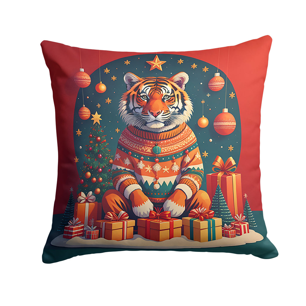 Tiger Christmas Decorative Throw Pillow 14x14 Indoor Outdoor Accent Cushion, Fabric Cover with Insert for Sofa, Bed, Porch & Living Room