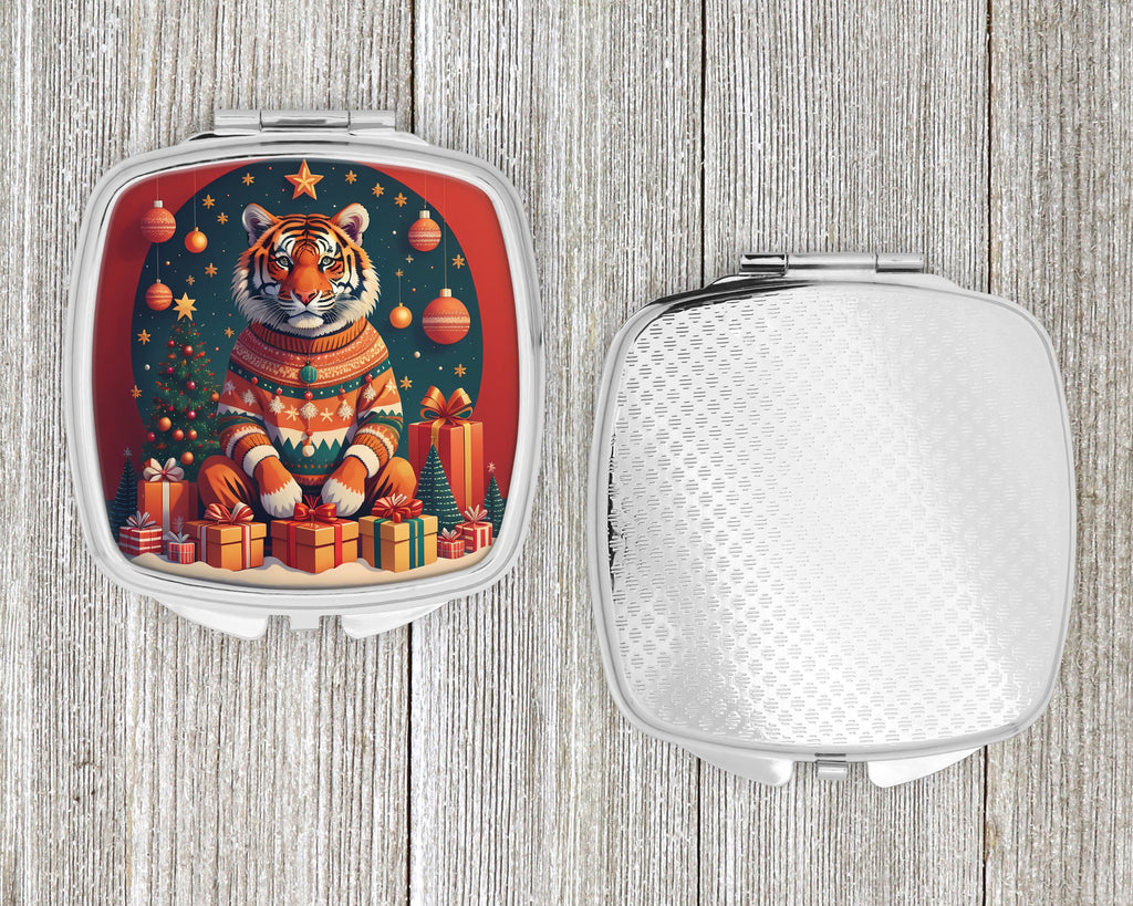 Tiger Christmas Compact Mirror Decorative Travel Makeup Mirror for Women Girls Gifts Pocket Makeup Mirror Folding Handheld