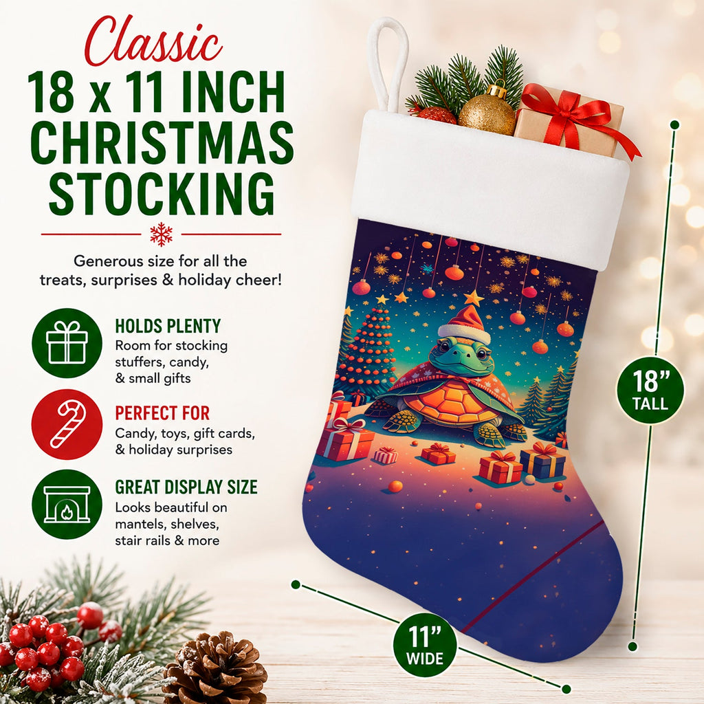 Turtle Christmas Holiday Stocking Double-Sided Print, Polyester Suede,11x18, Made in USA