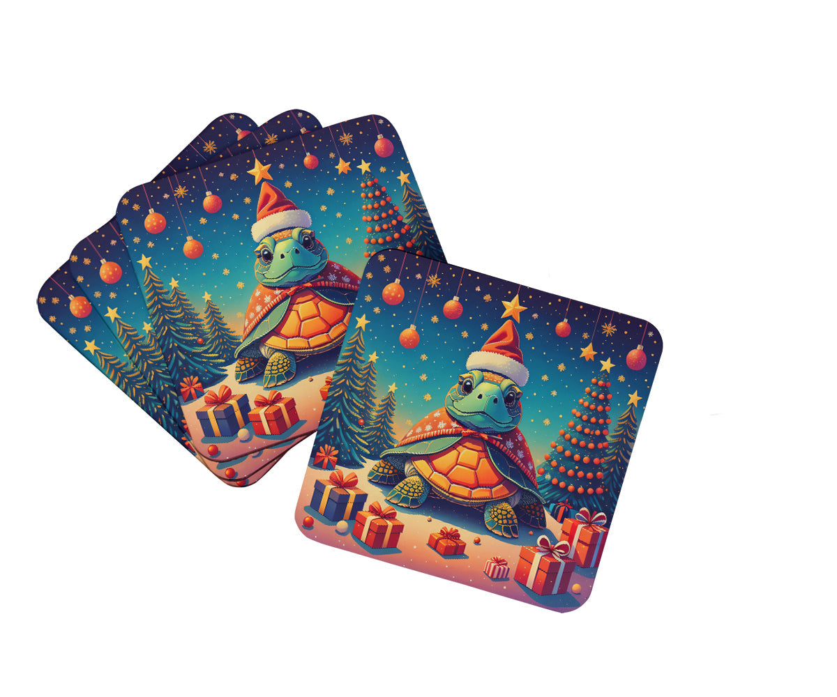 Turtle Christmas Foam Coasters Set of 4 Cup Coasters for Indoor Outdoor, Tabletop Protection, Anti Slip, Mouse pad Material