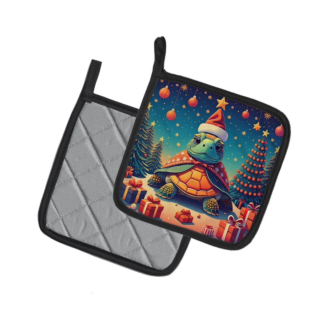 Turtle Christmas Pot Holder Set of 2 Heat Resistant Quilted Hot Pads 7.5 x 7.5 Inch, Insulated Kitchen Trivets for Cooking & Baking