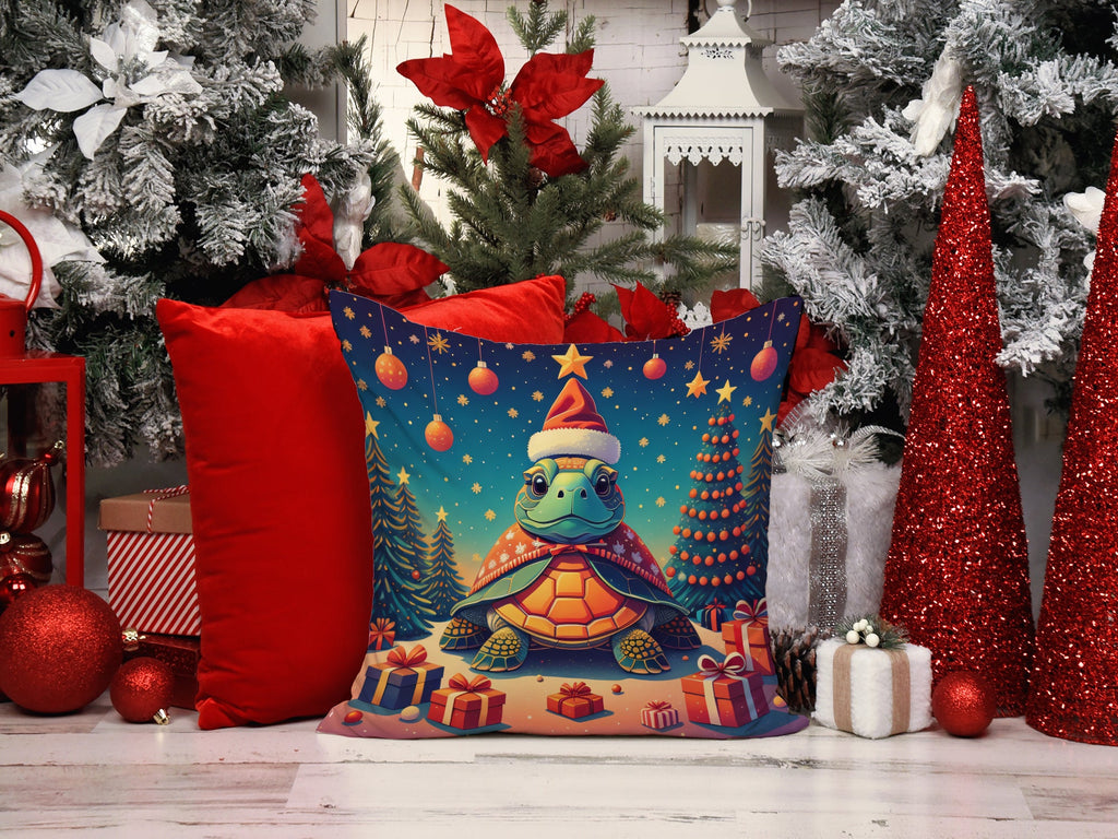 Turtle Christmas Decorative Throw Pillow 14x14 Indoor Outdoor Accent Cushion, Fabric Cover with Insert for Sofa, Bed, Porch & Living Room