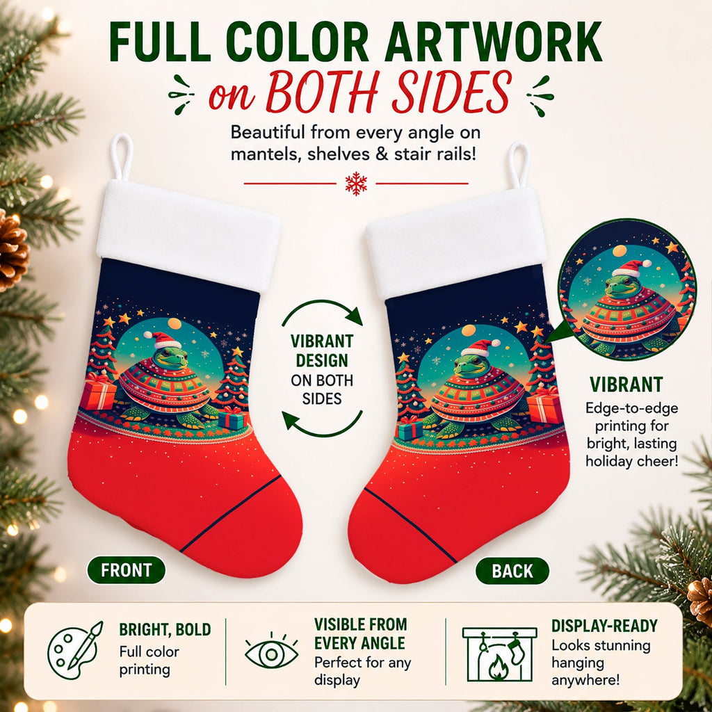 Turtle Christmas Holiday Stocking Double-Sided Print, Polyester Suede,11x18, Made in USA