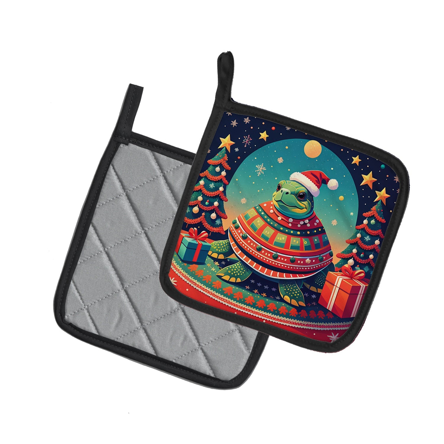 Turtle Christmas Pot Holder Set of 2 Heat Resistant Quilted Hot Pads 7.5 x 7.5 Inch, Insulated Kitchen Trivets for Cooking & Baking