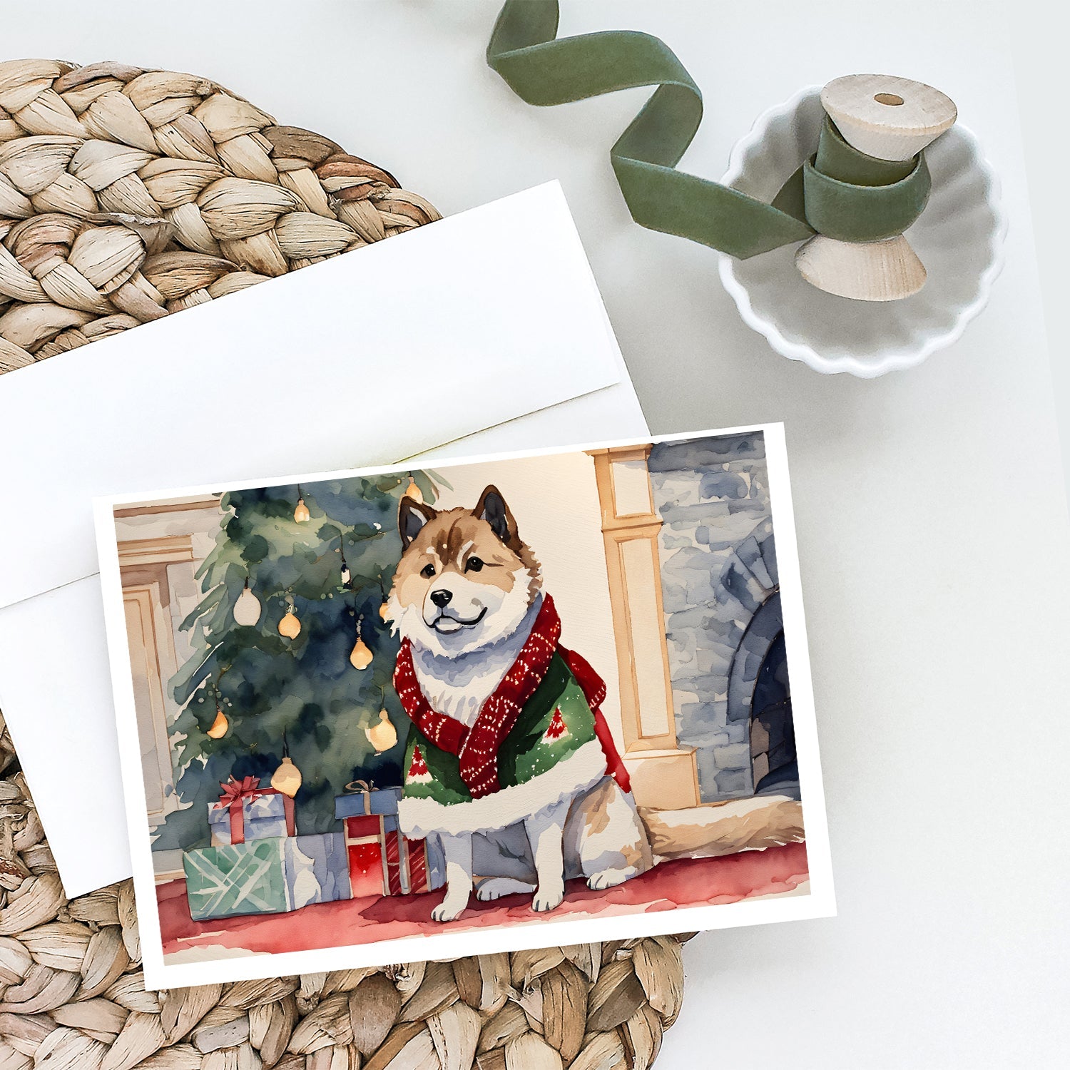 Akita Christmas Greeting Cards Pack of 8 Blank Cards with Envelopes Whimsical A7 Size 5x7