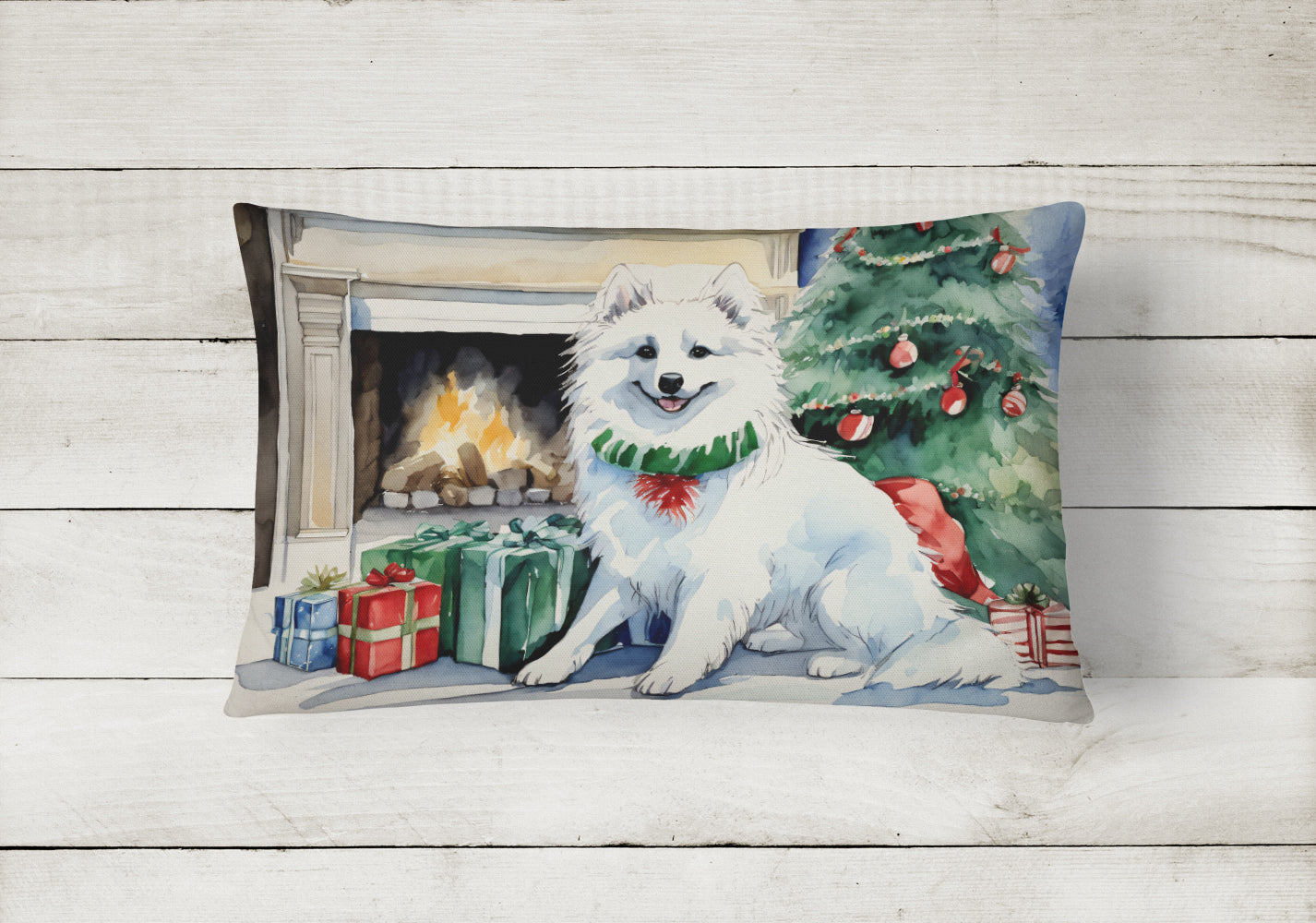 American Eskimo Christmas Decorative Throw Pillow 12x16 Indoor Outdoor Accent Cushion, Fabric Cover with Insert for Sofa, Bed, Porch & Living Room