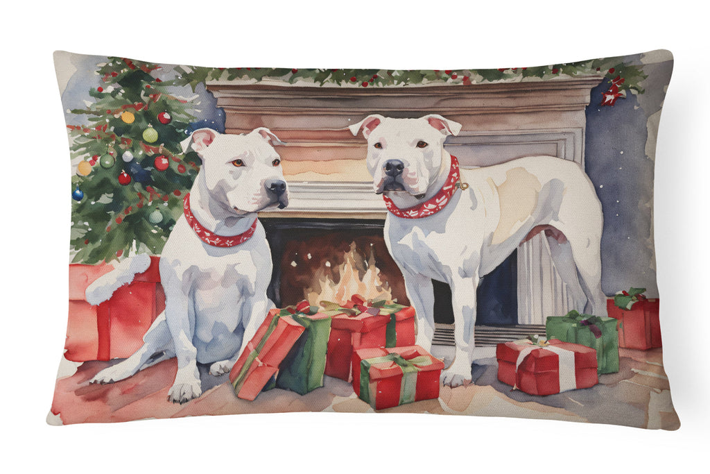 White Pit Bull Terrier Christmas Decorative Throw Pillow 12x16 Indoor Outdoor Accent Cushion, Fabric Cover with Insert for Sofa, Bed, Porch & Living Room