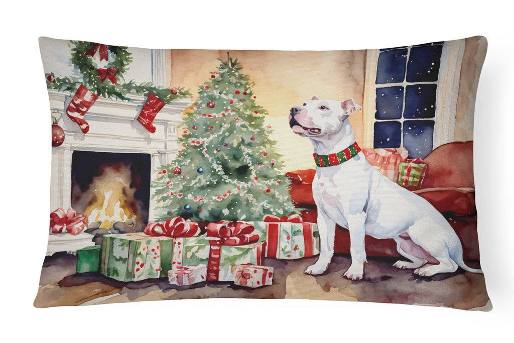 White Pit Bull Terrier Christmas Decorative Throw Pillow 12x16 Indoor Outdoor Accent Cushion, Fabric Cover with Insert for Sofa, Bed, Porch & Living Room