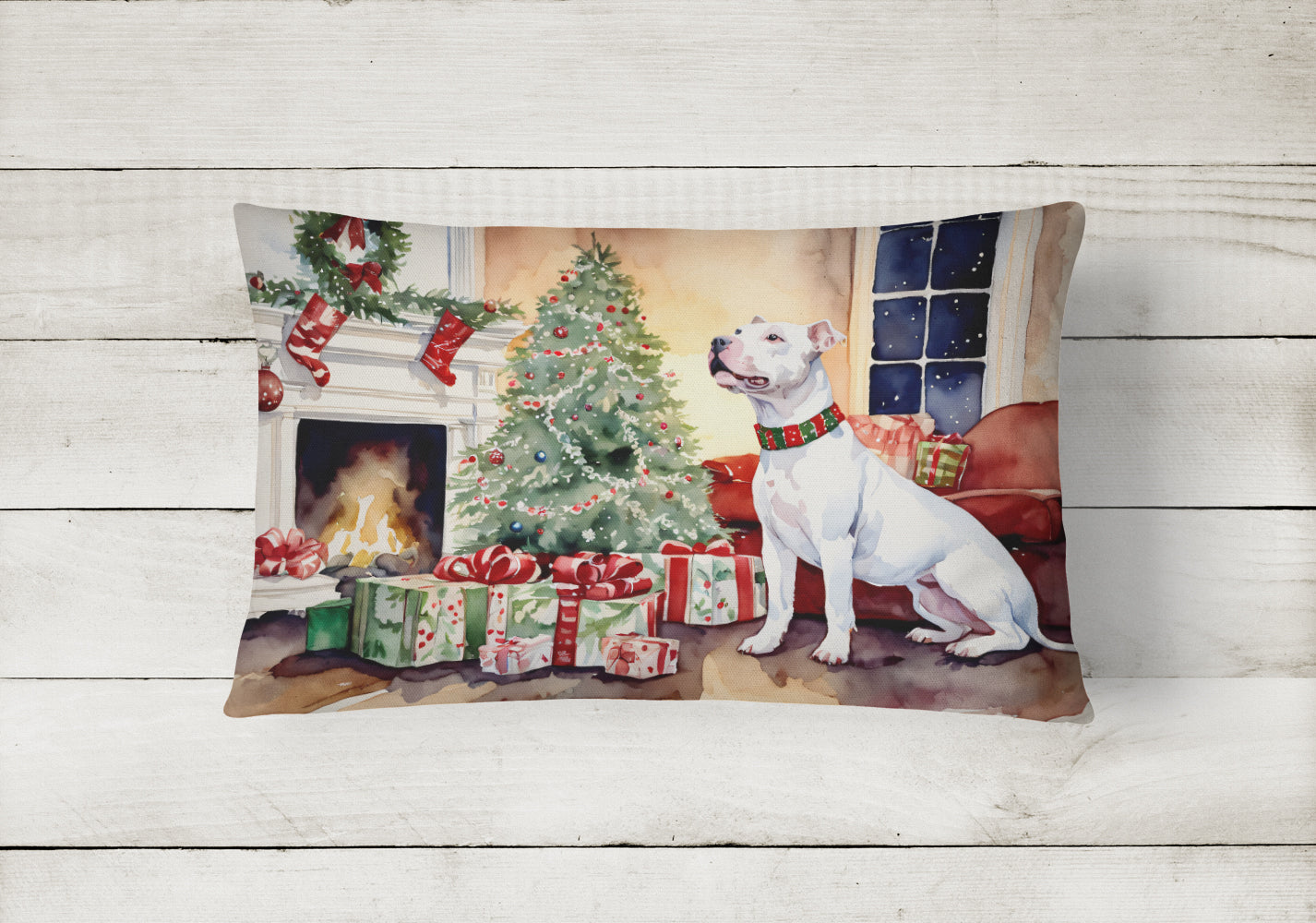 White Pit Bull Terrier Christmas Decorative Throw Pillow 12x16 Indoor Outdoor Accent Cushion, Fabric Cover with Insert for Sofa, Bed, Porch & Living Room