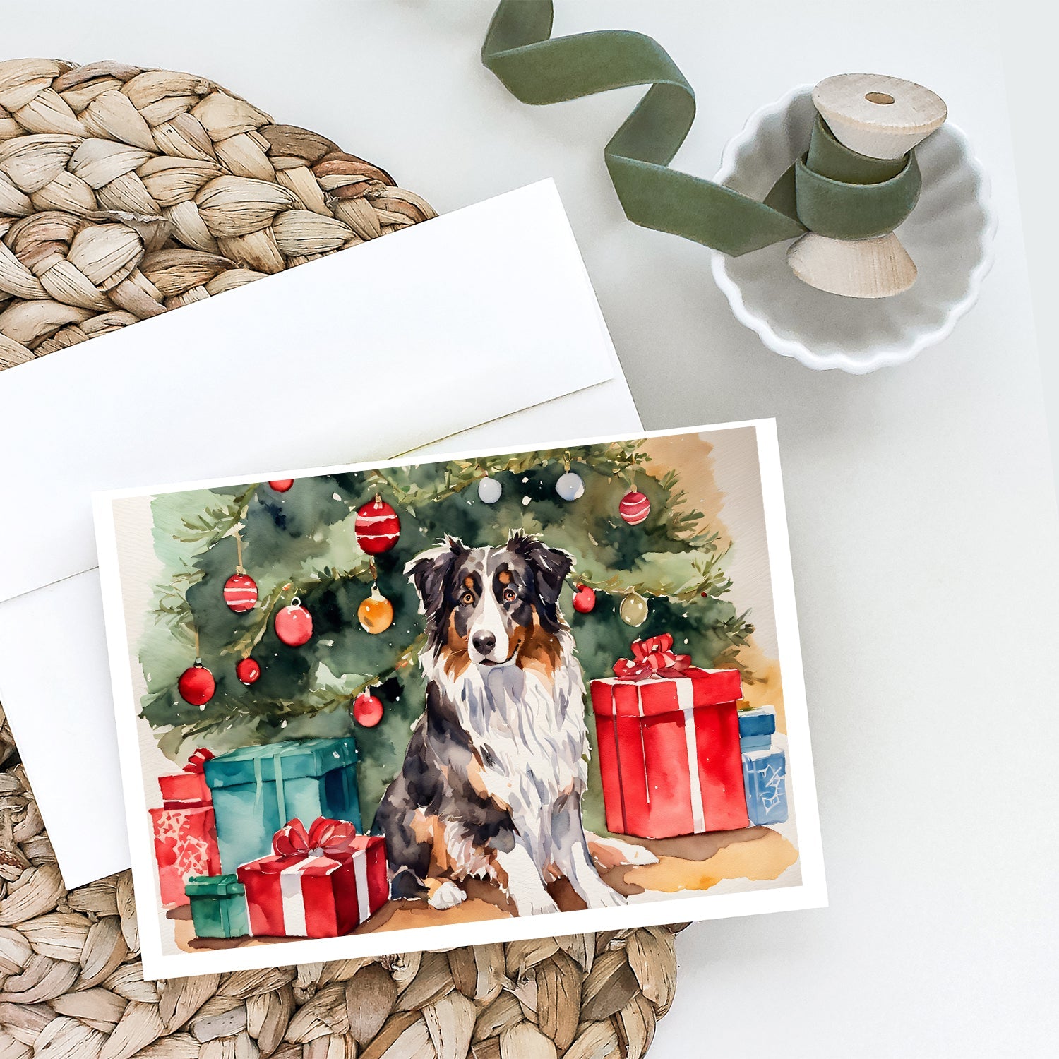 Australian Shepherd Christmas Greeting Cards Pack of 8 Blank Cards with Envelopes Whimsical A7 Size 5x7