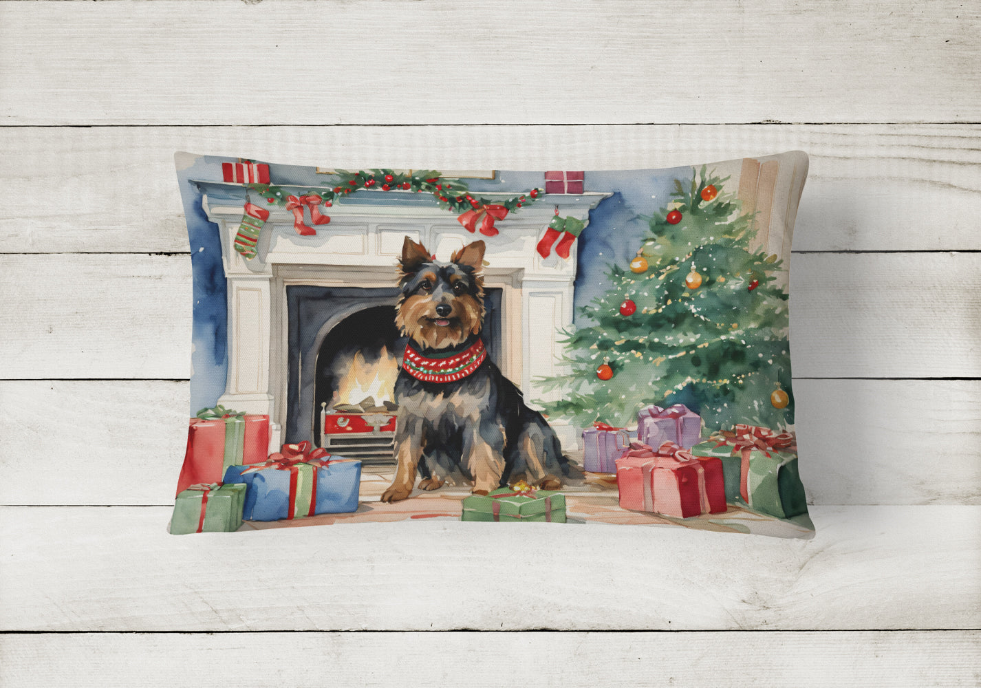 Australian Terrier Christmas Decorative Throw Pillow 12x16 Indoor Outdoor Accent Cushion, Fabric Cover with Insert for Sofa, Bed, Porch & Living Room